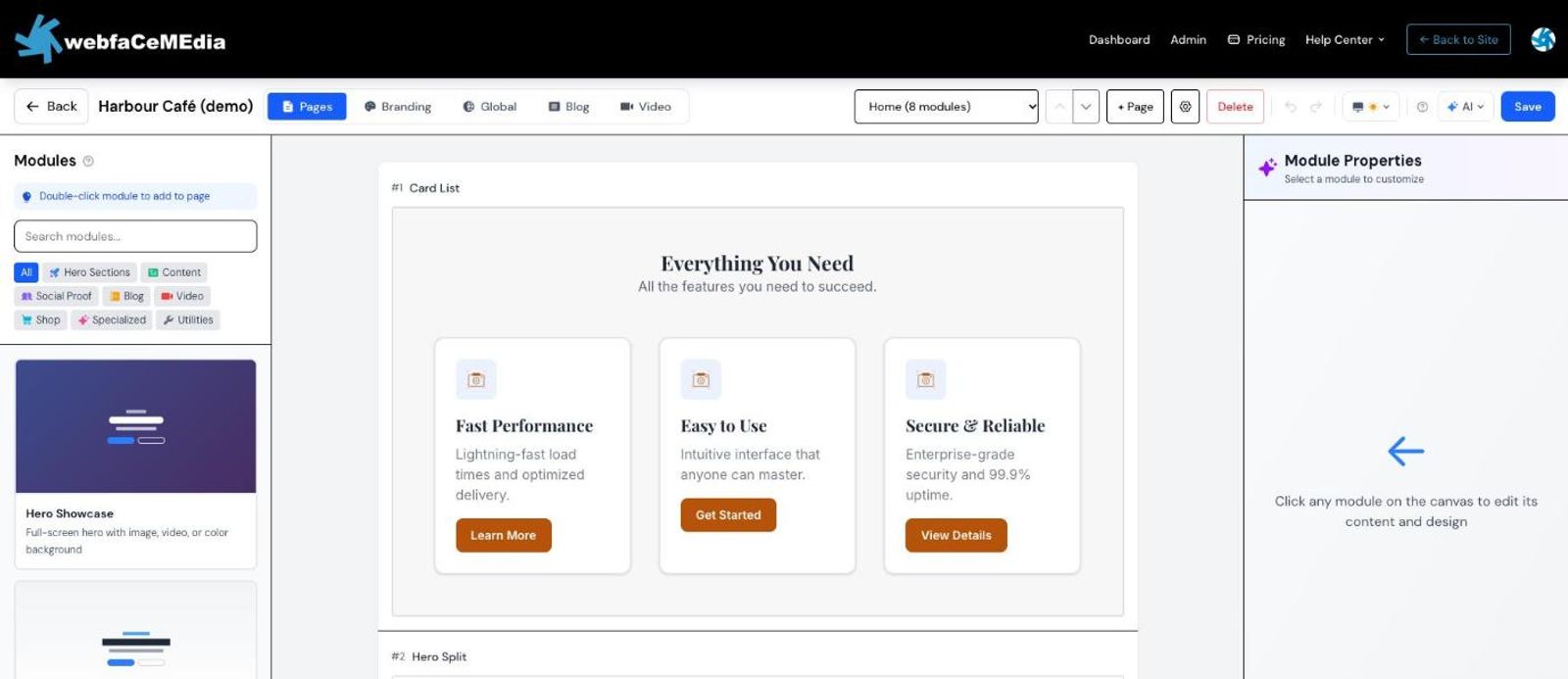 The builder: modules on the left, the page in the middle, module settings on the right