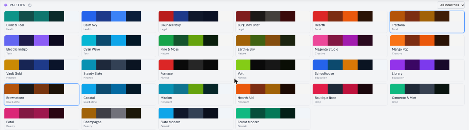 The palette picker showing swatch cards grouped by industry