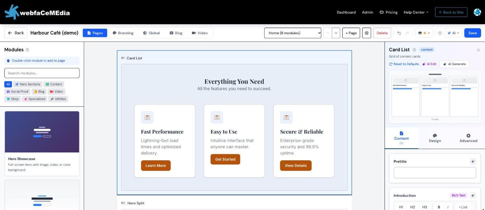 A Card List section selected, with its settings open on the right