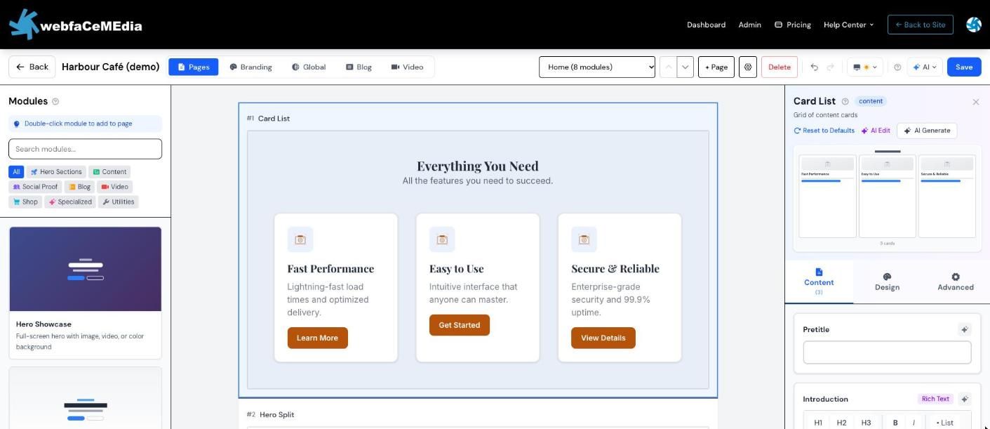 A Card List section selected, with its settings open on the right