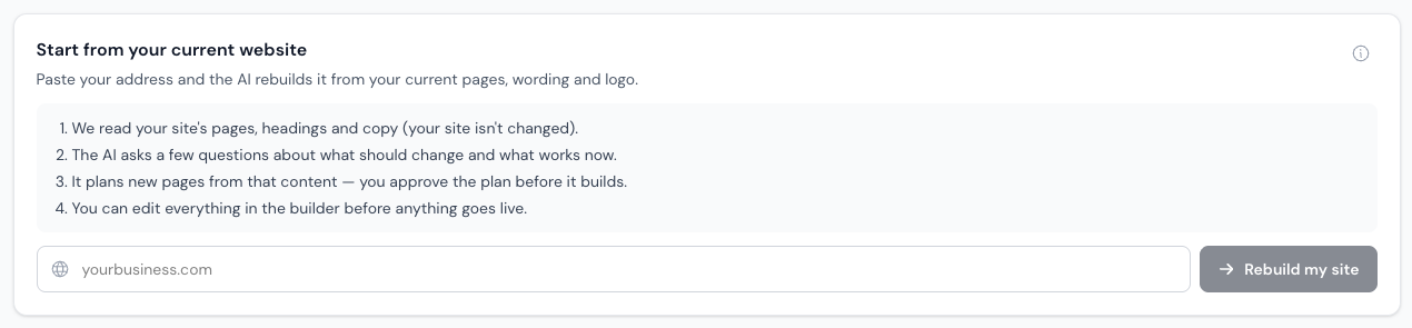 The Start from your current website box on the projects page