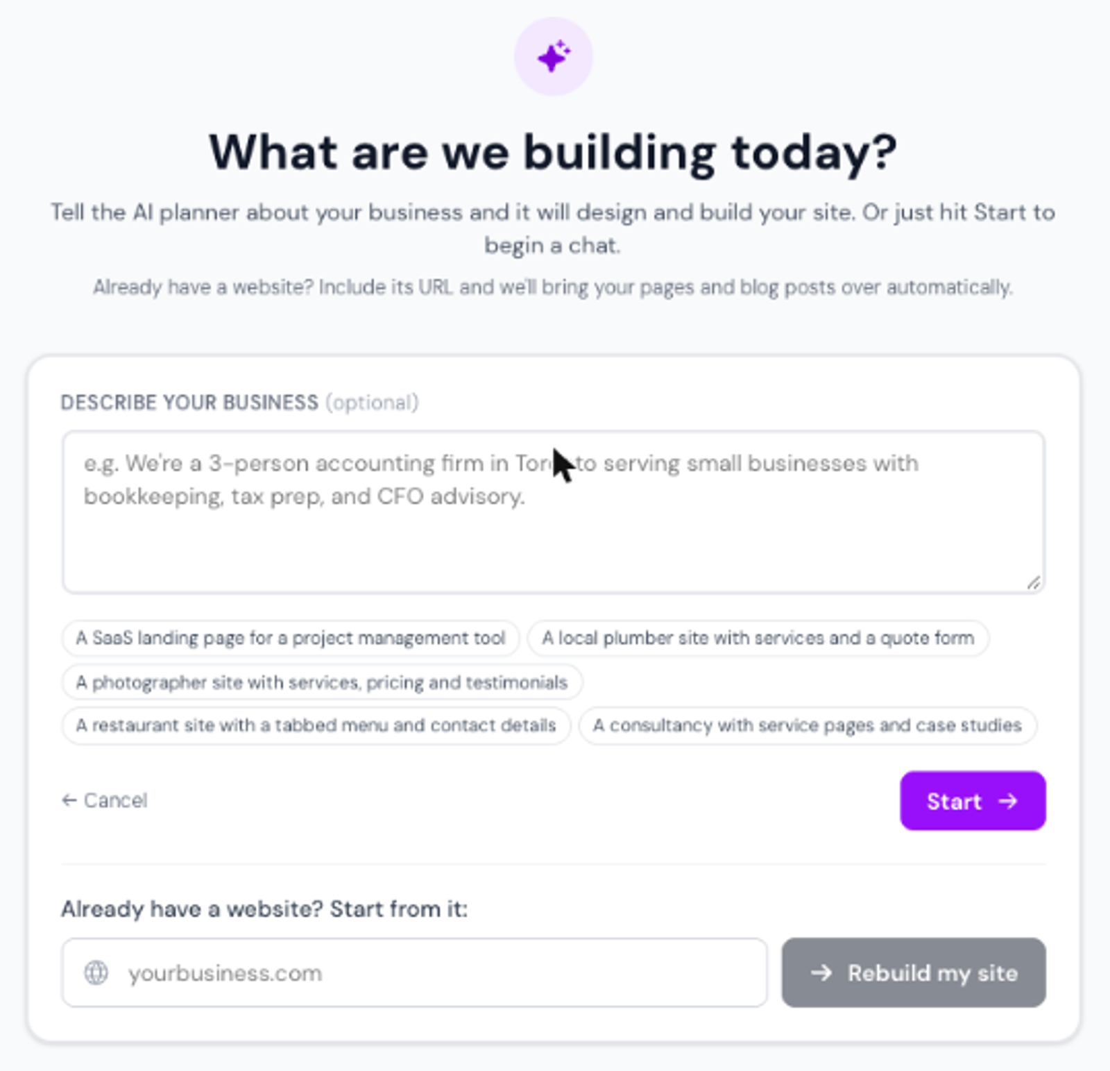 The start screen with a business description box and the Already have a website? field