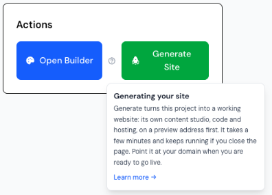 The project page Actions box with Open Builder and Generate Site