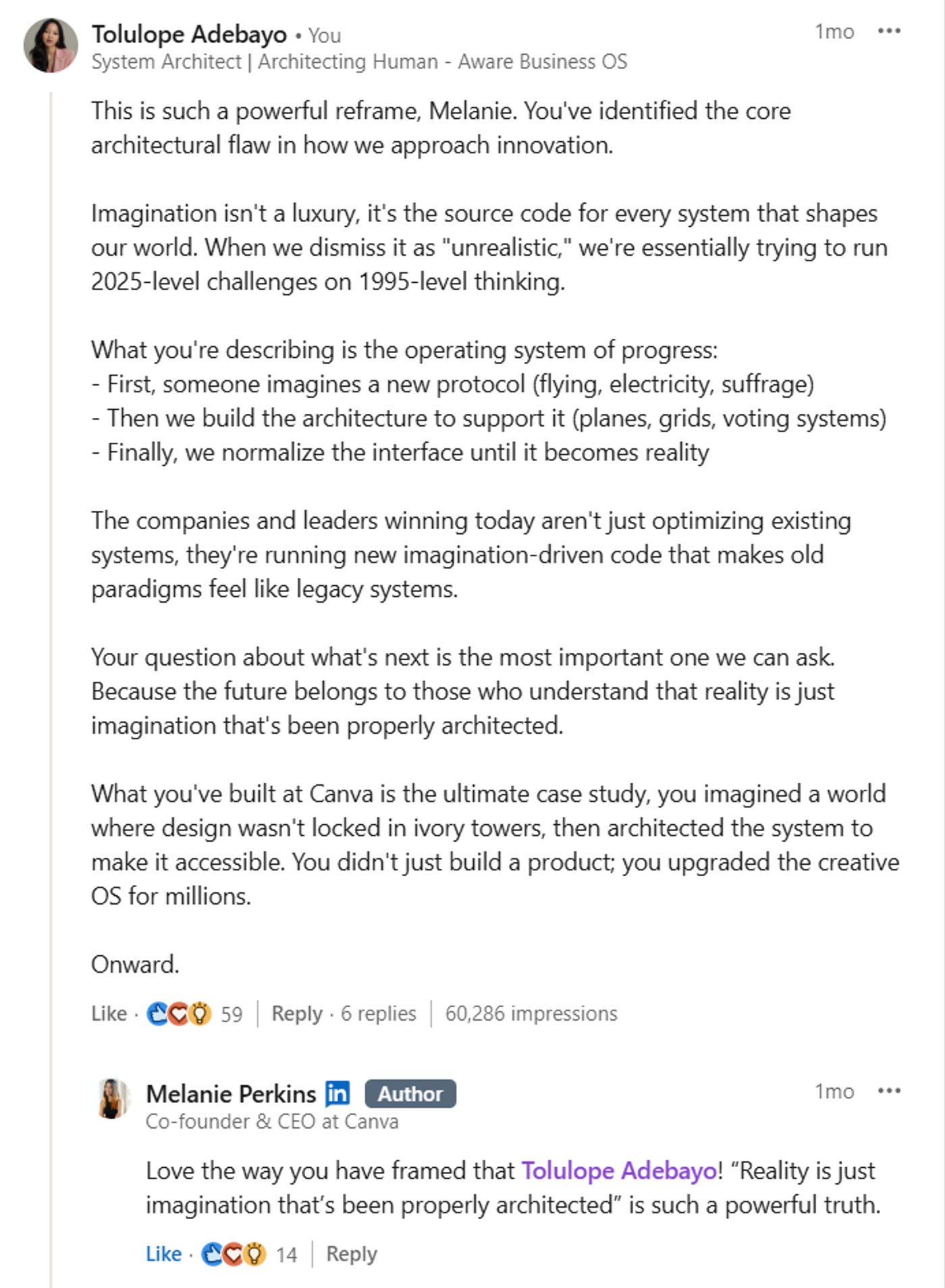 Public LinkedIn exchange with Melanie Perkins responding to the line Reality is imagination that has been properly architected