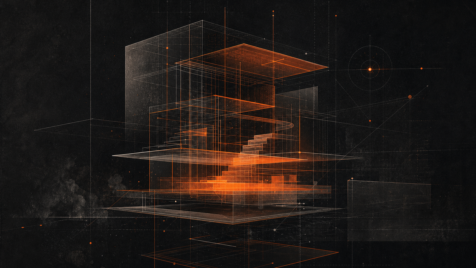Abstract architectural blueprint planes forming a luminous structure from imagination into accountable reality