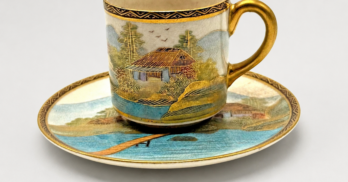 トップス satsuma Koshida Satsuma Cup & Saucer Gilt Landscape | Ancestral Antiques