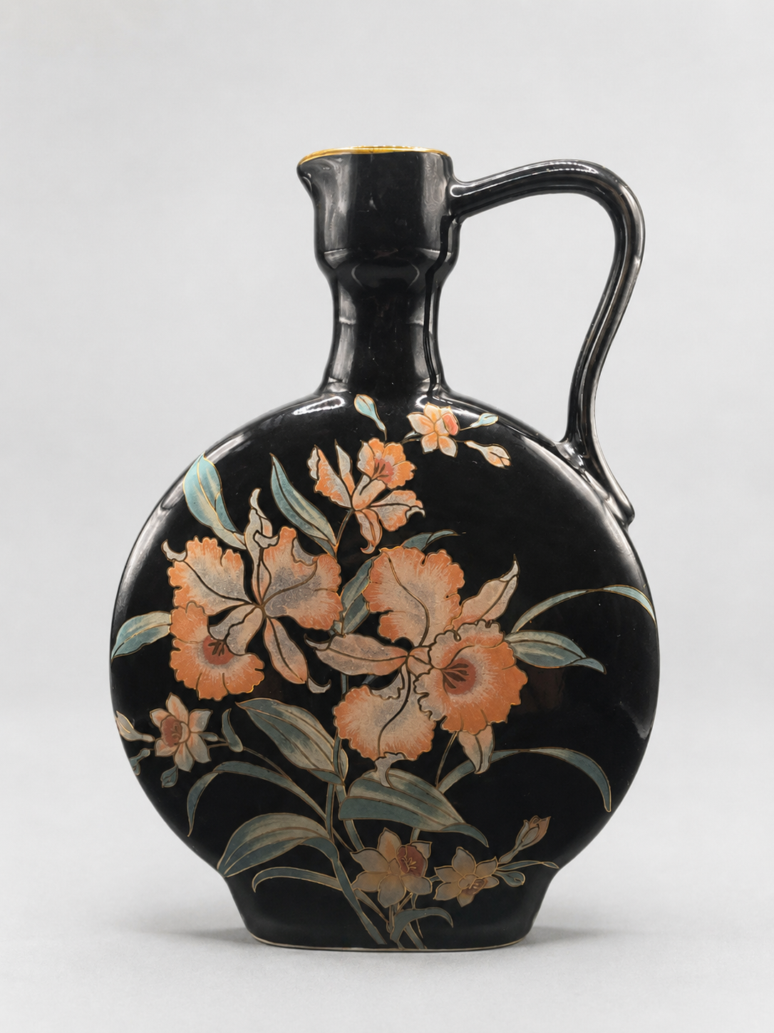 Vintage Japanese Black Glazed Floral Jug Vase with Orchid De