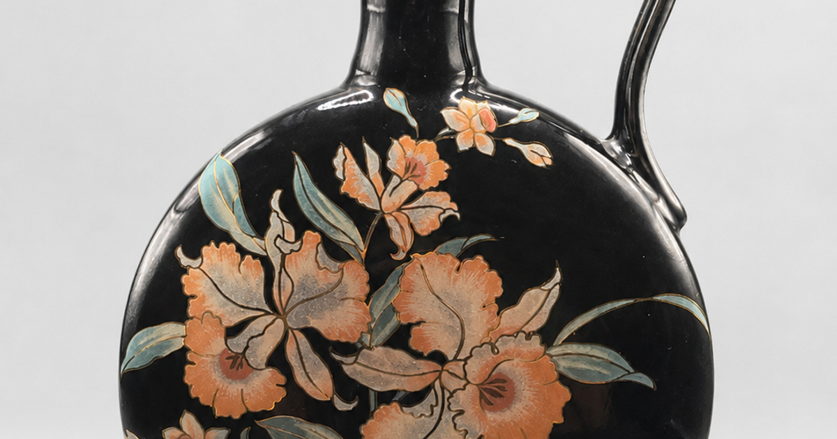 Japanese Vintage Vase 1860~70 幕末_花器_東北窯 Vintage Japanese Black Glazed Floral Jug Vase with Orchid De