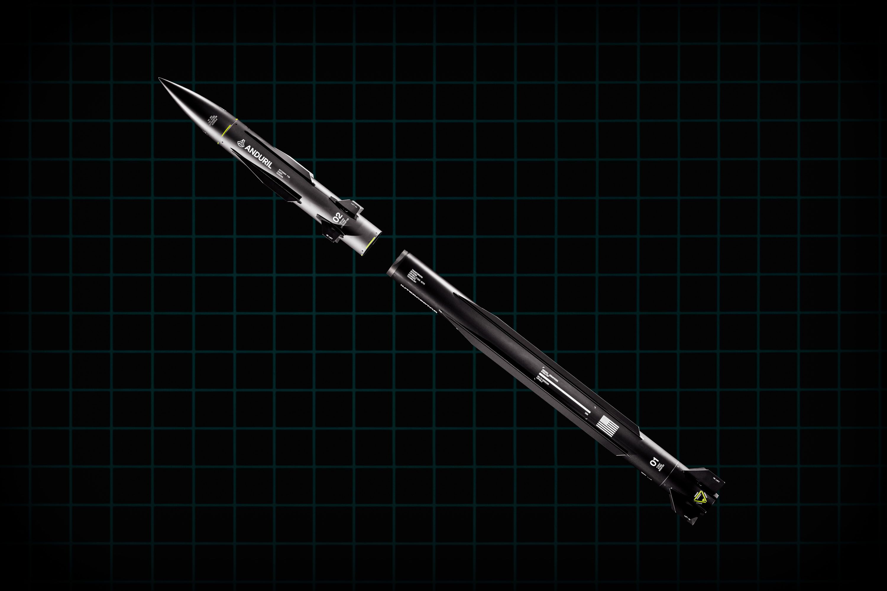 Anduril rendering of a Steelfin interceptor split into its two stages, the booster marked 01 and the terminal interceptor marked 02, on a black grid.