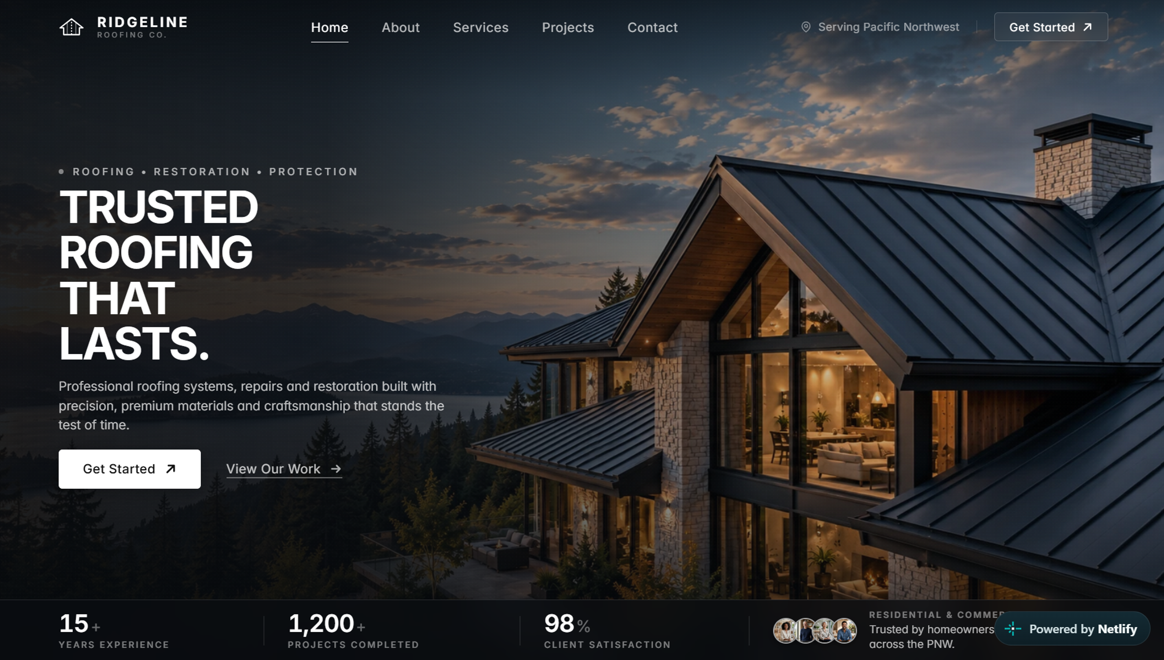 Ridgeline Roofing Co. website hero section featuring luxury Pacific Northwest contemporary residence with charcoal standing seam metal roofing at dusk