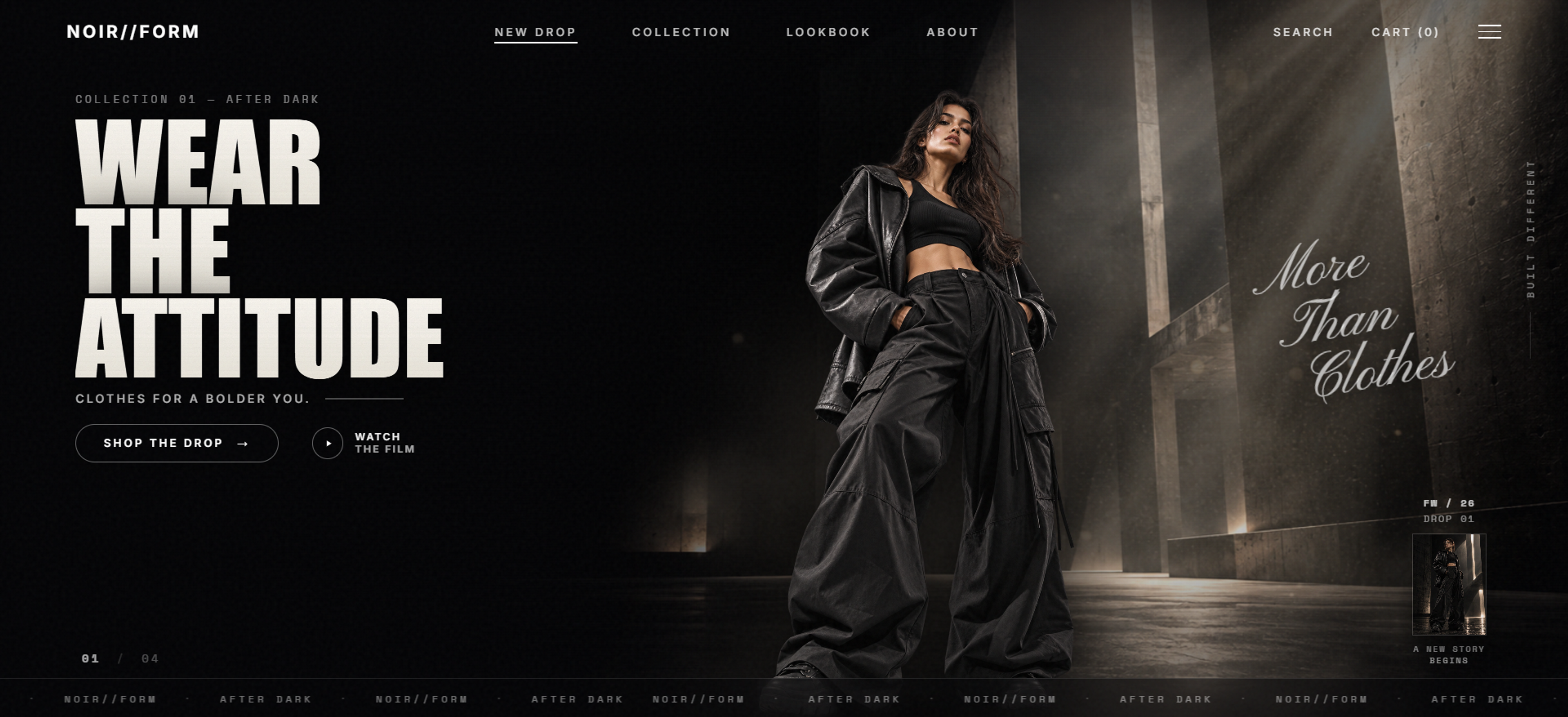 NOIR//FORM AFTER DARK brutalist luxury techwear landing page hero composition featuring fashion model, bold typography, and cinematic atmospheric lighting.