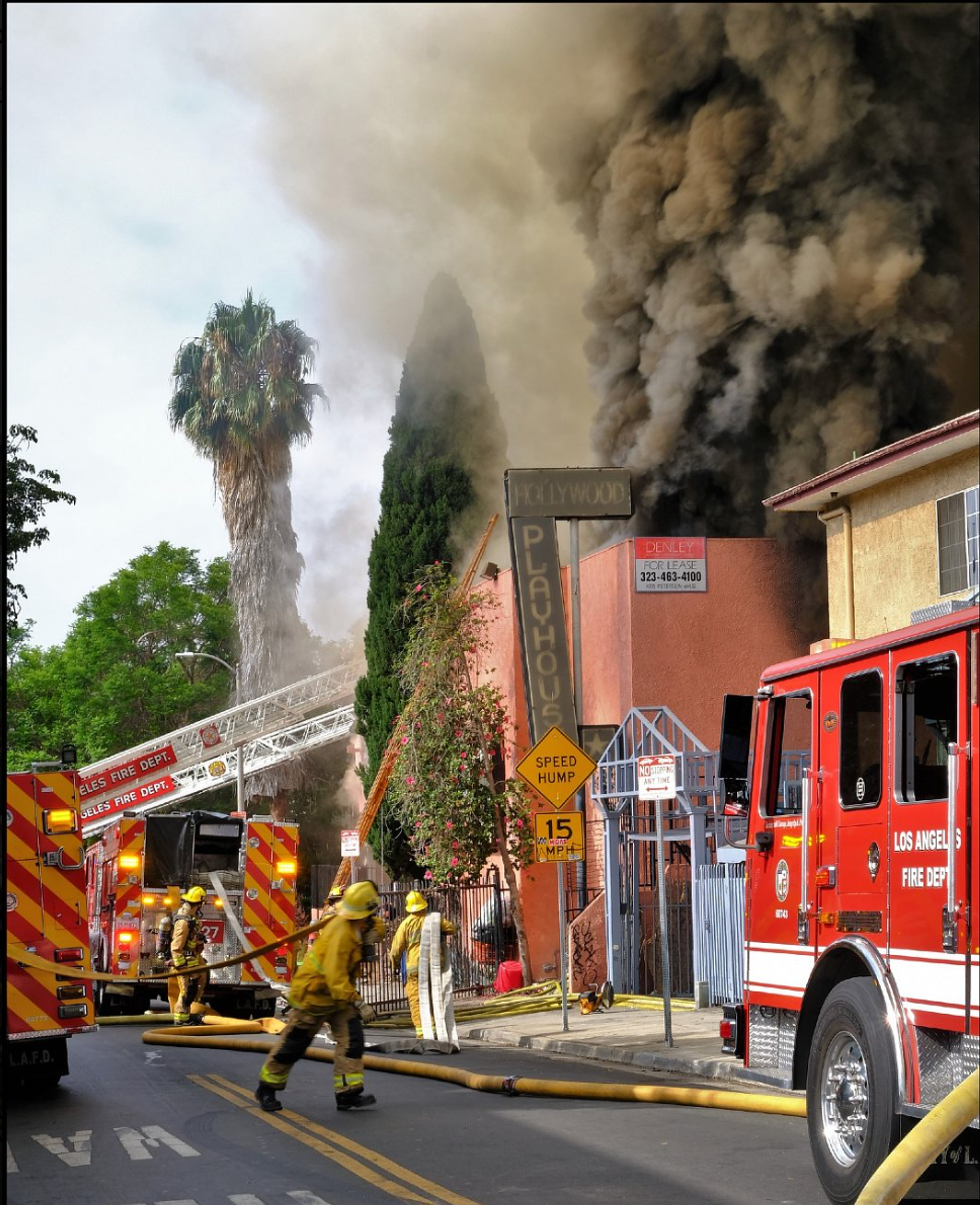 LAFD fighting a fire at the Hollywood Playhouse in 2022.