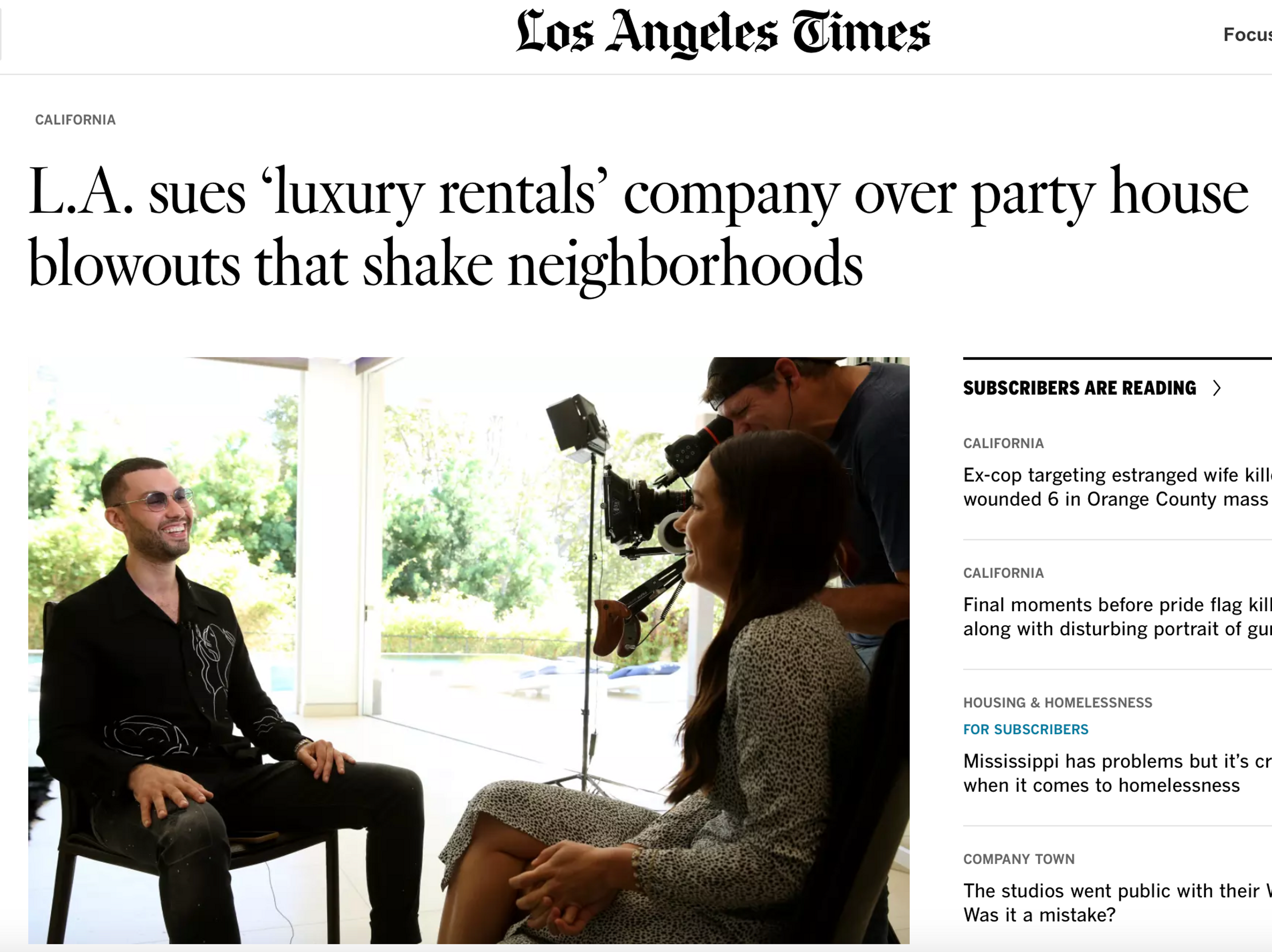 Screenshot of LA Times article on lawsuit over short-term party house rentals