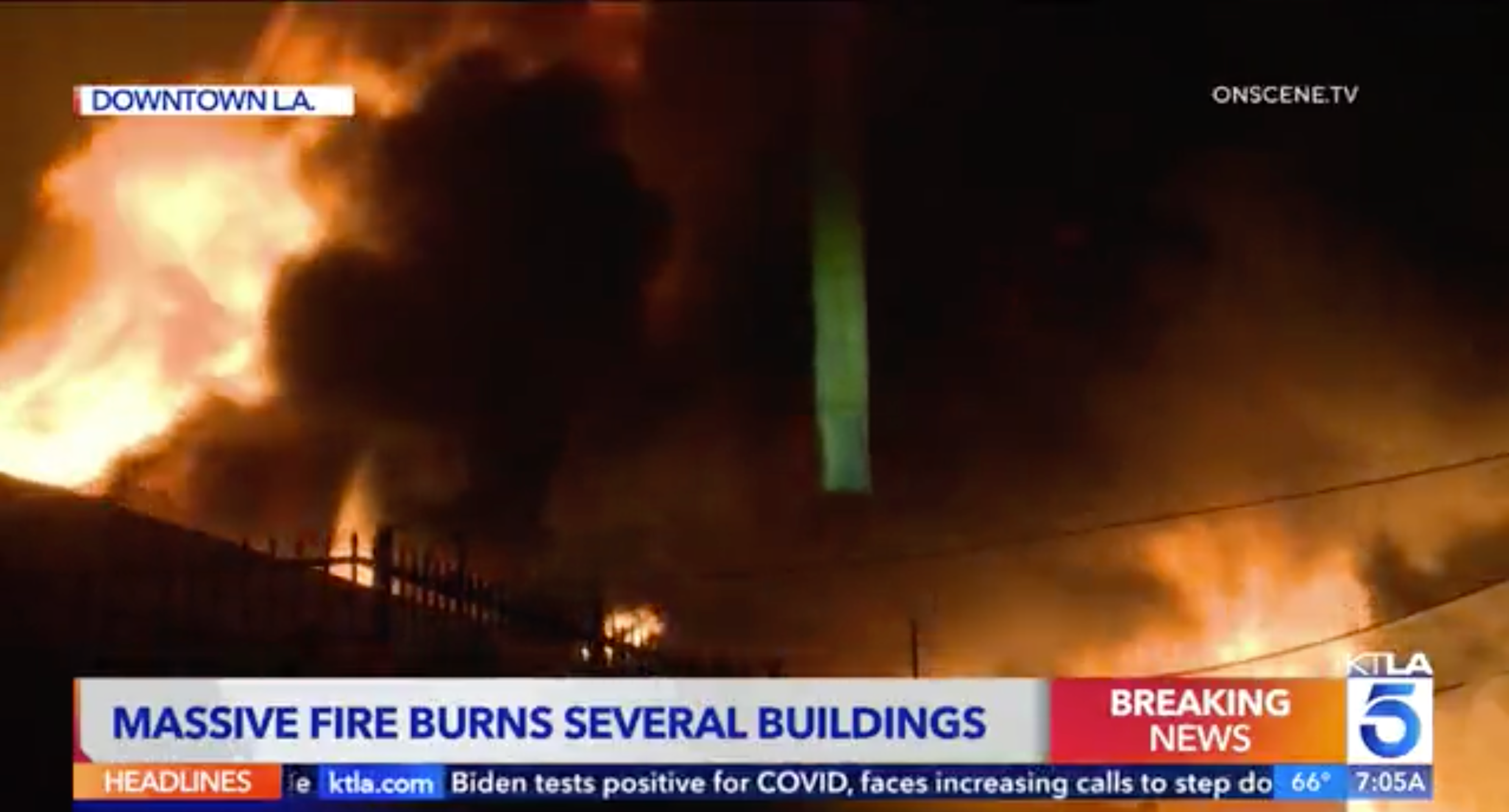 Screenshot of KTLA story on massive Kohler Street fire, showing very tall flames against a dark sky.