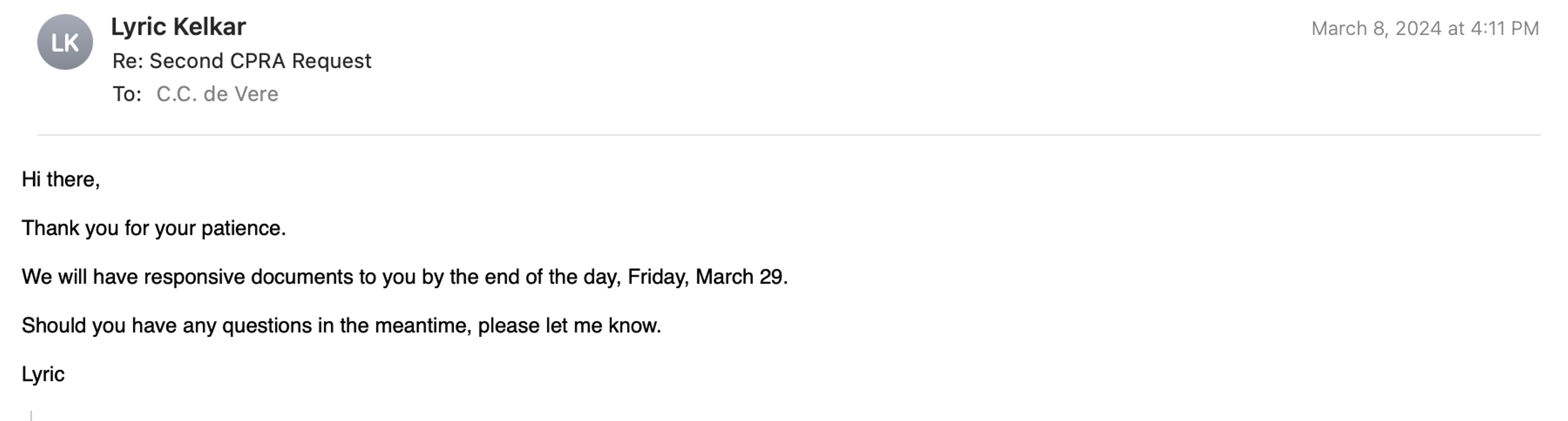 Screenshot of email promising to deliver requested documents by "the end of the day, Friday, March 29."