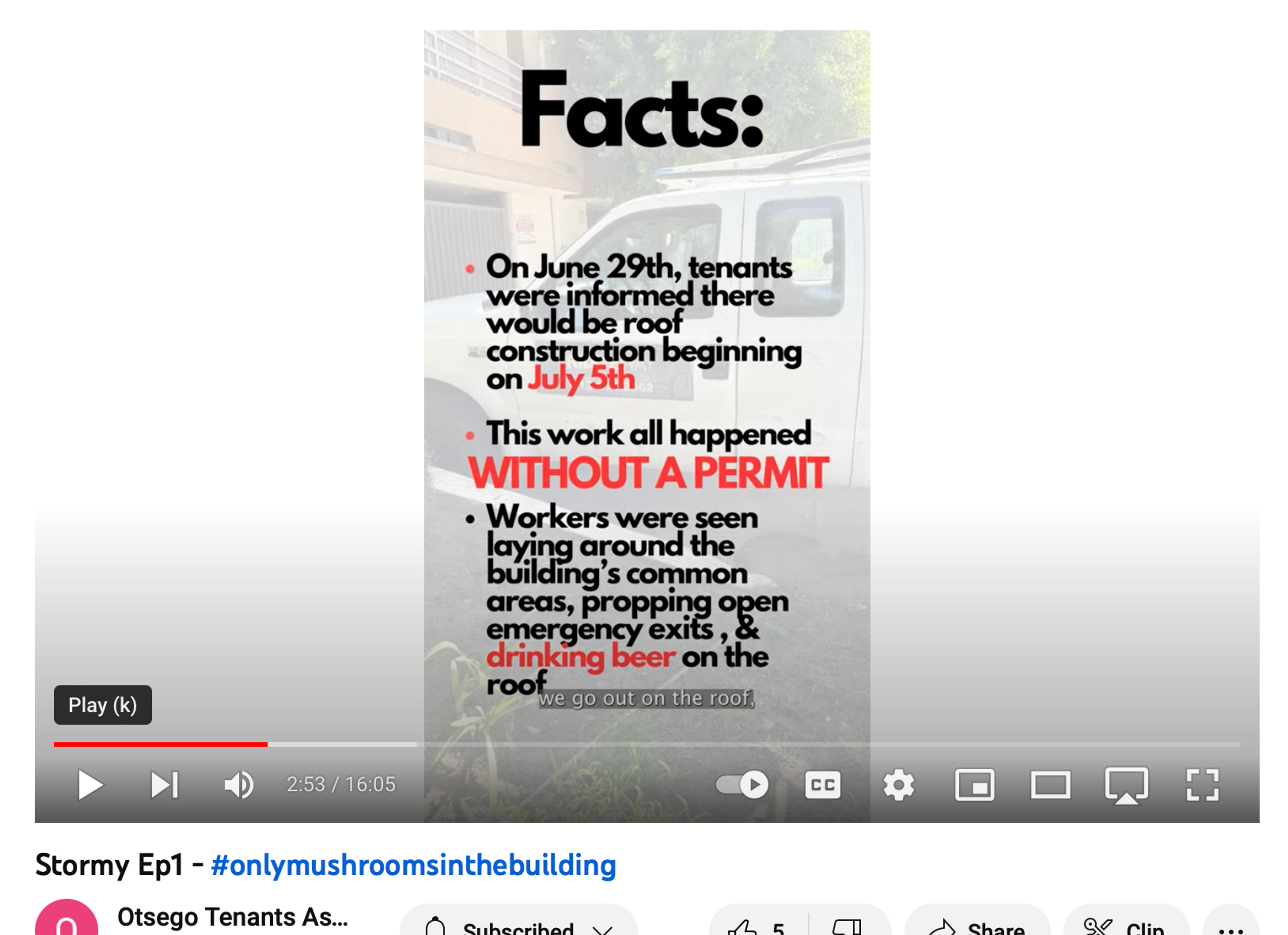 Screenshot from Otsego Tenants Association video stating that unpermitted roofing work was performed in July 2023