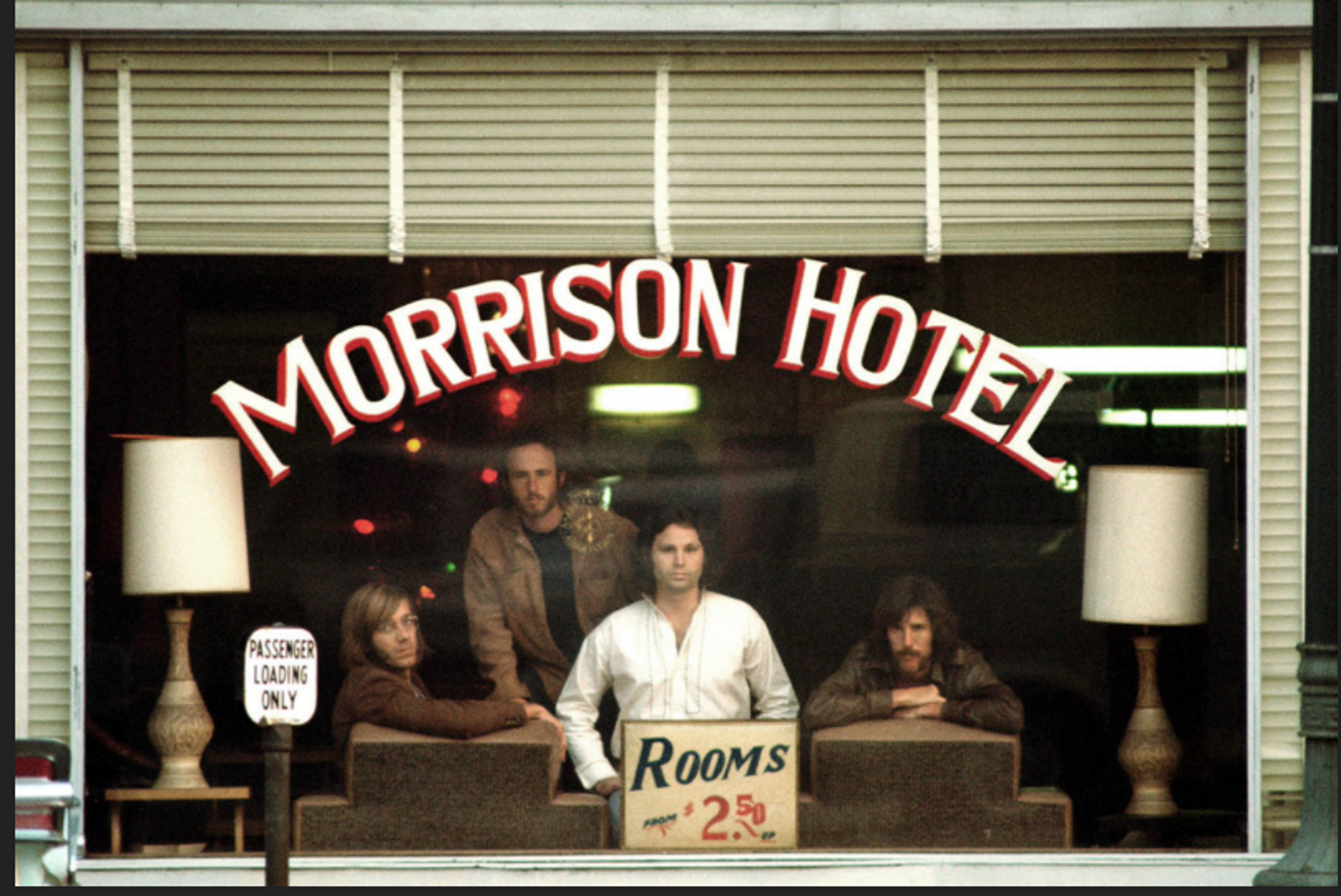 Image of the Doors "Morrison Hotel" album, taken through the painted window of the Morrison Hotel lobby. Rooms were $2.50 in 1969.