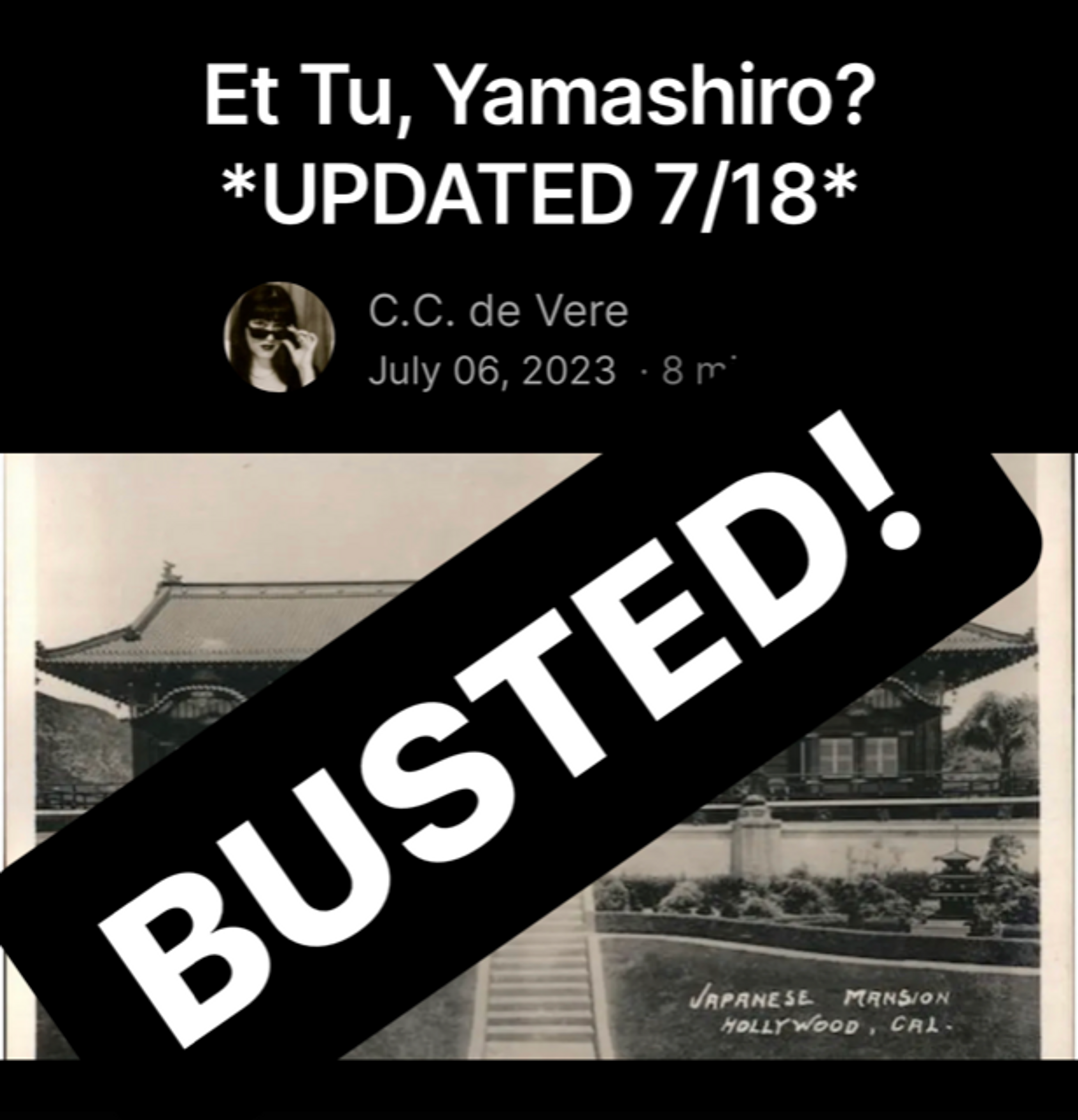 Screenshot of previous blog entry on Yamashiro, with BUSTED stamped over an antique photograph of the historic palace.