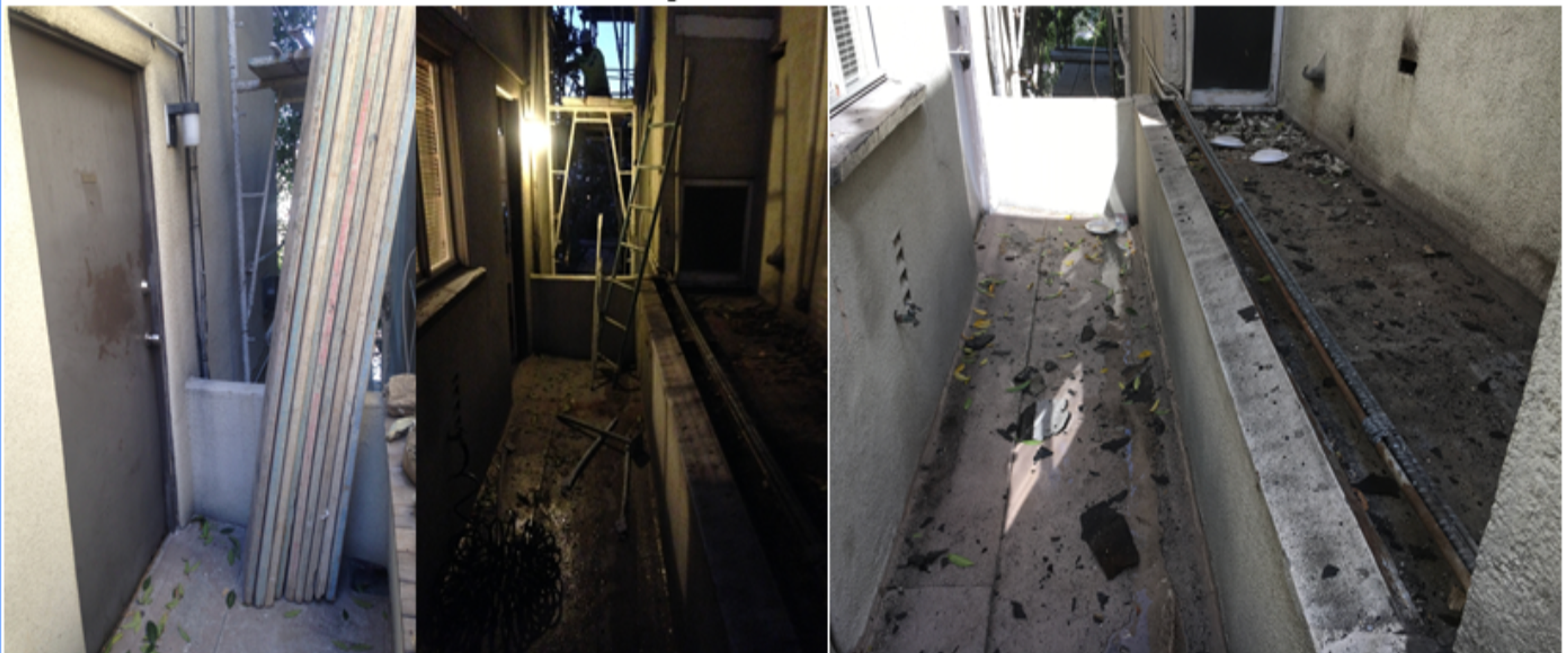 Three pictures of construction messes and damage at the Sachs Apartments