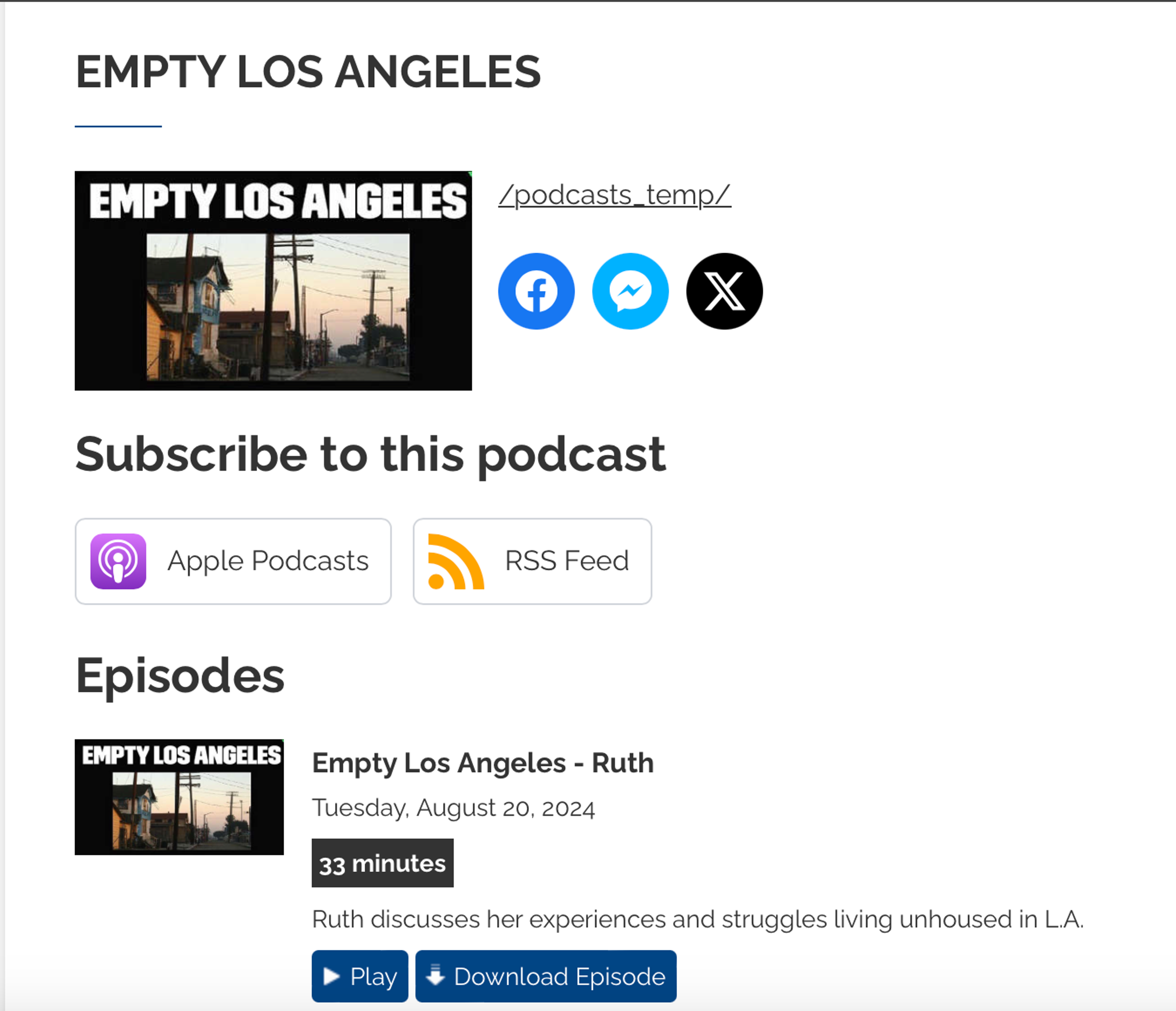 Screenshot of podcast landing page.