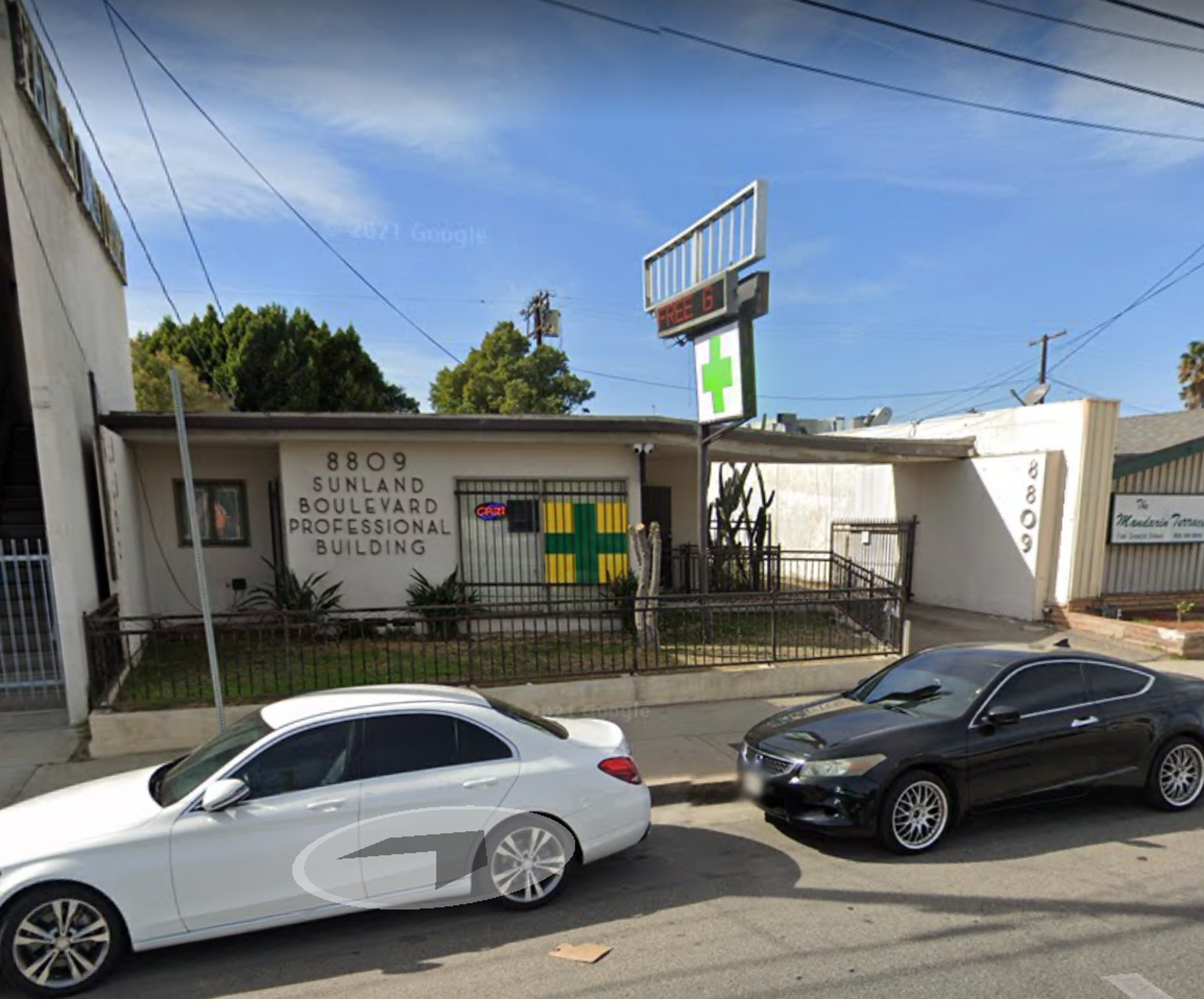 Google Street View image of 8809 Sunland Boulevard, a small Midcentury Modern doctor's office. When the picture was taken in 2021, it had been repurposed as a marijuana dispensary.