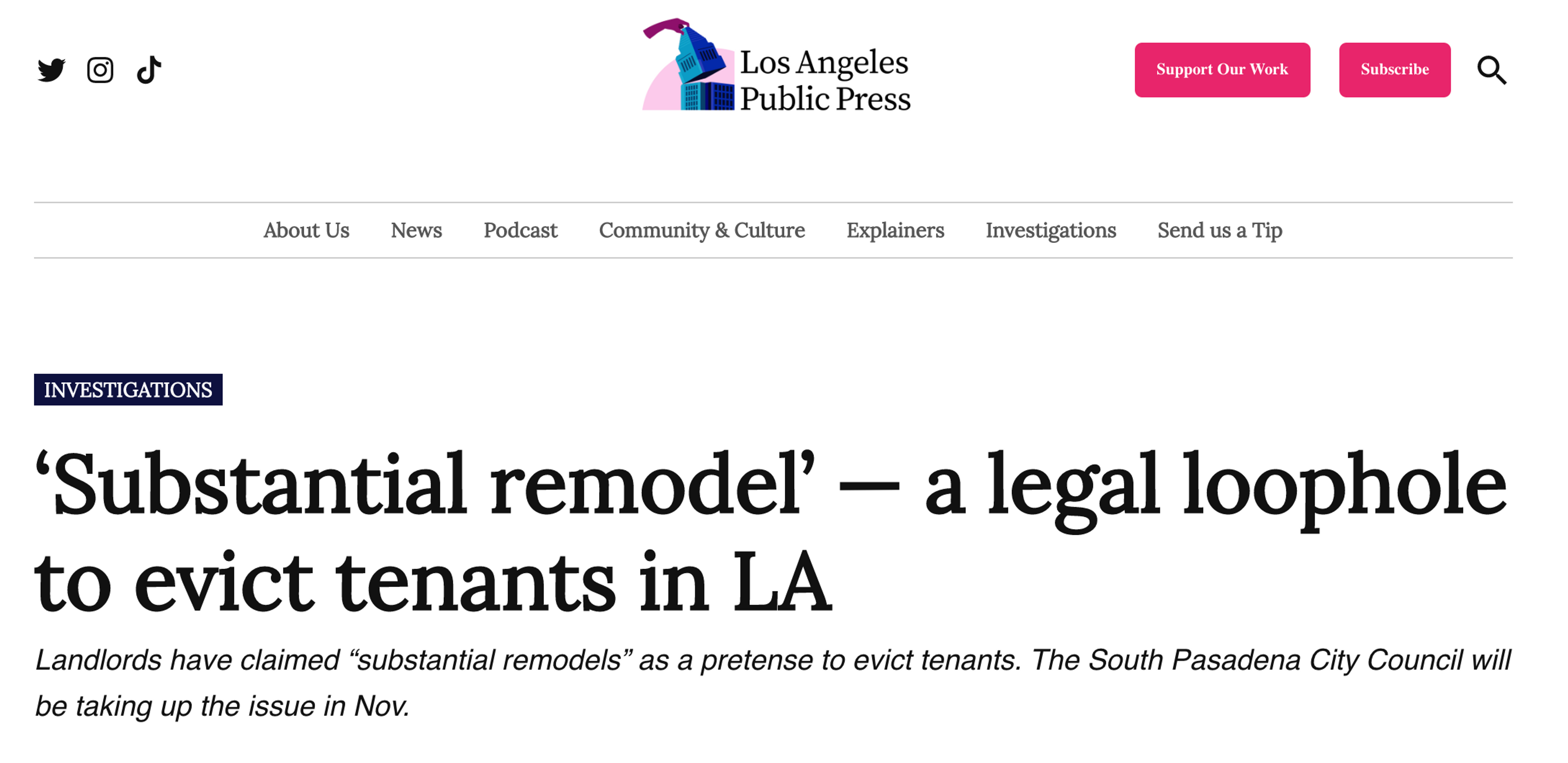 Screenshot of LA Public Press' headline for article on renoviction