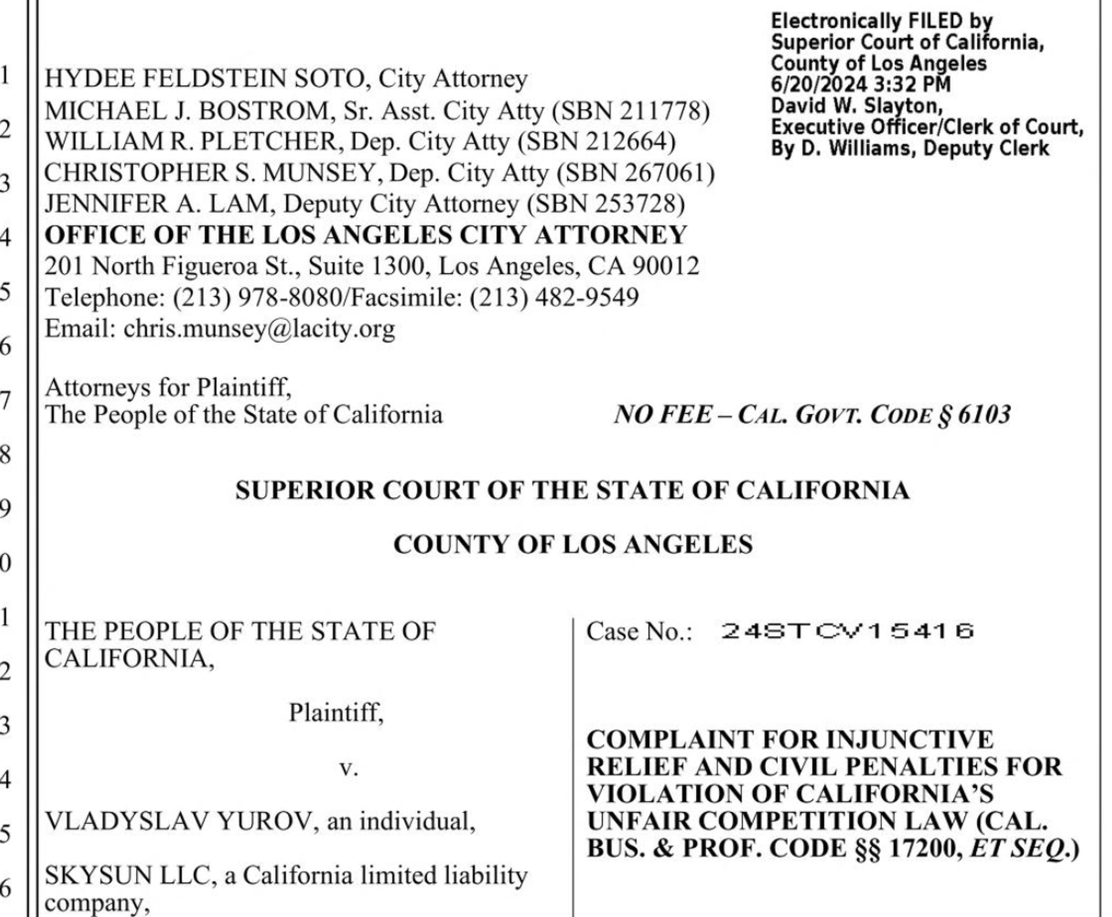 Screenshot of civil suit against Airbnb host Vladyslav Yurov, who with some helpers and LLCs, is being sued by the city under California's Unfair Competition law.