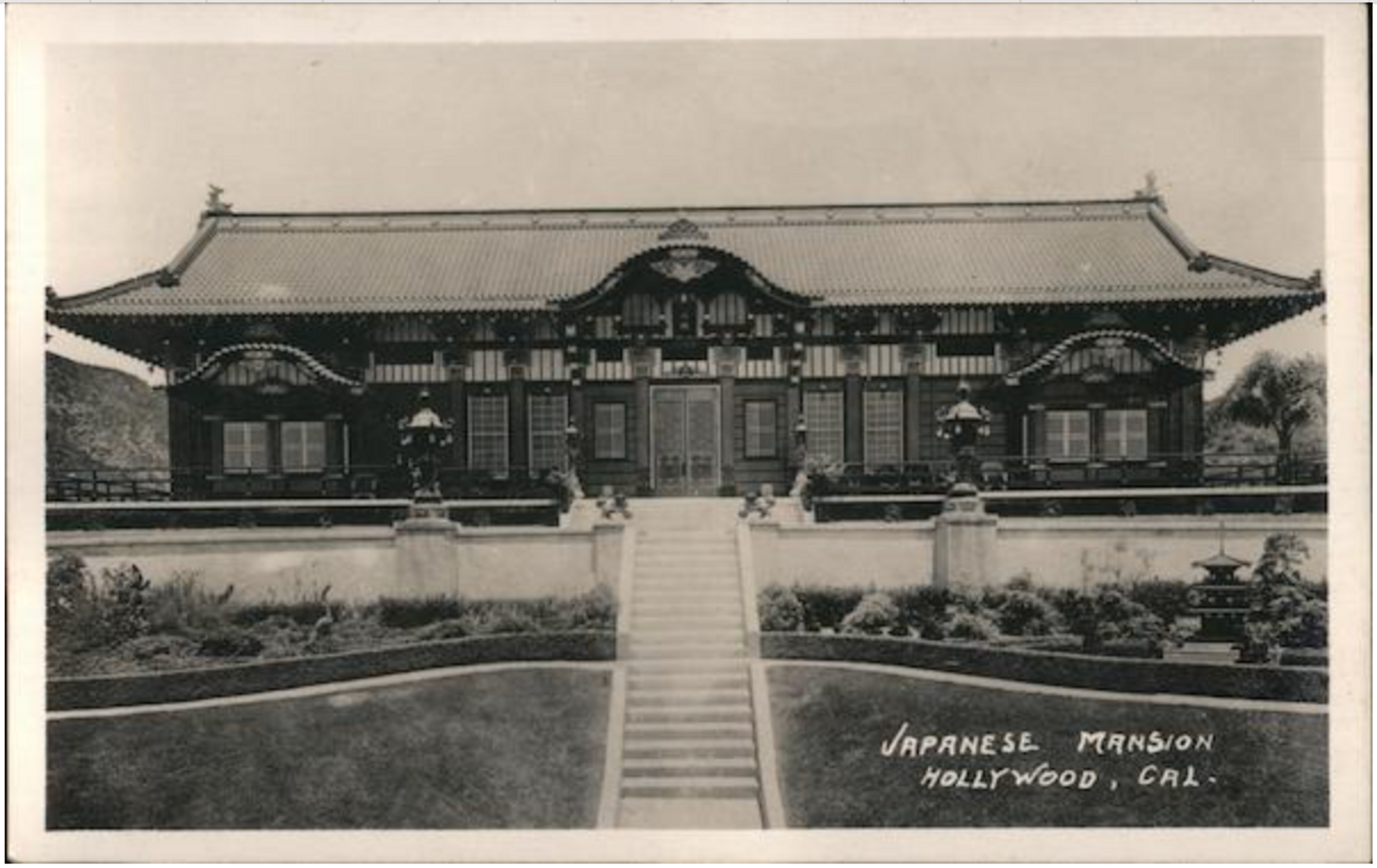 Antique postcard of Yamashiro, a lavish Japanese mansion on a hilltop in Hollywood.