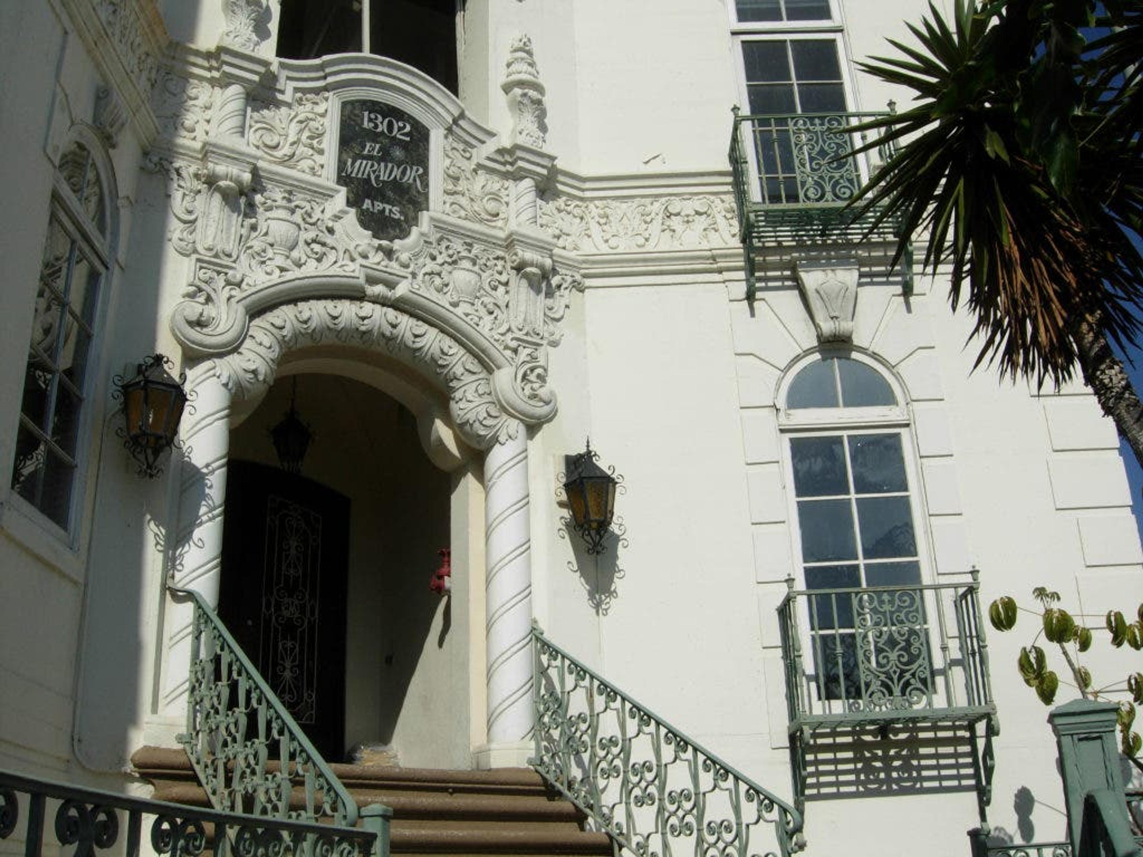 Entrance of the Spanish Colonial Revival El Mirador apartments, Ellis Acted and left empty for years.