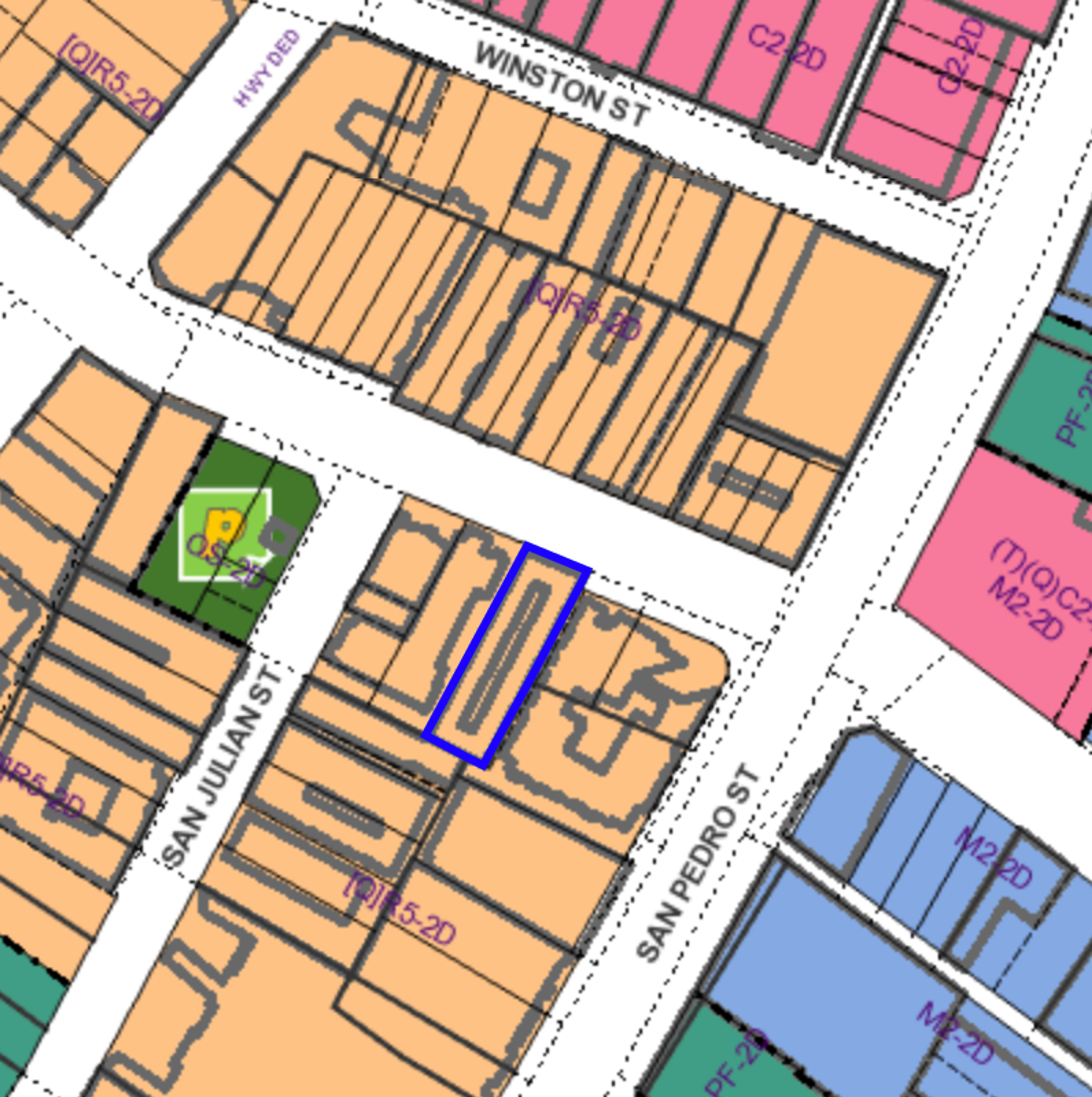 Screenshot of ZIMAS map showing 412 East 5th Street, aka the Southern Hotel, on Skid Row
