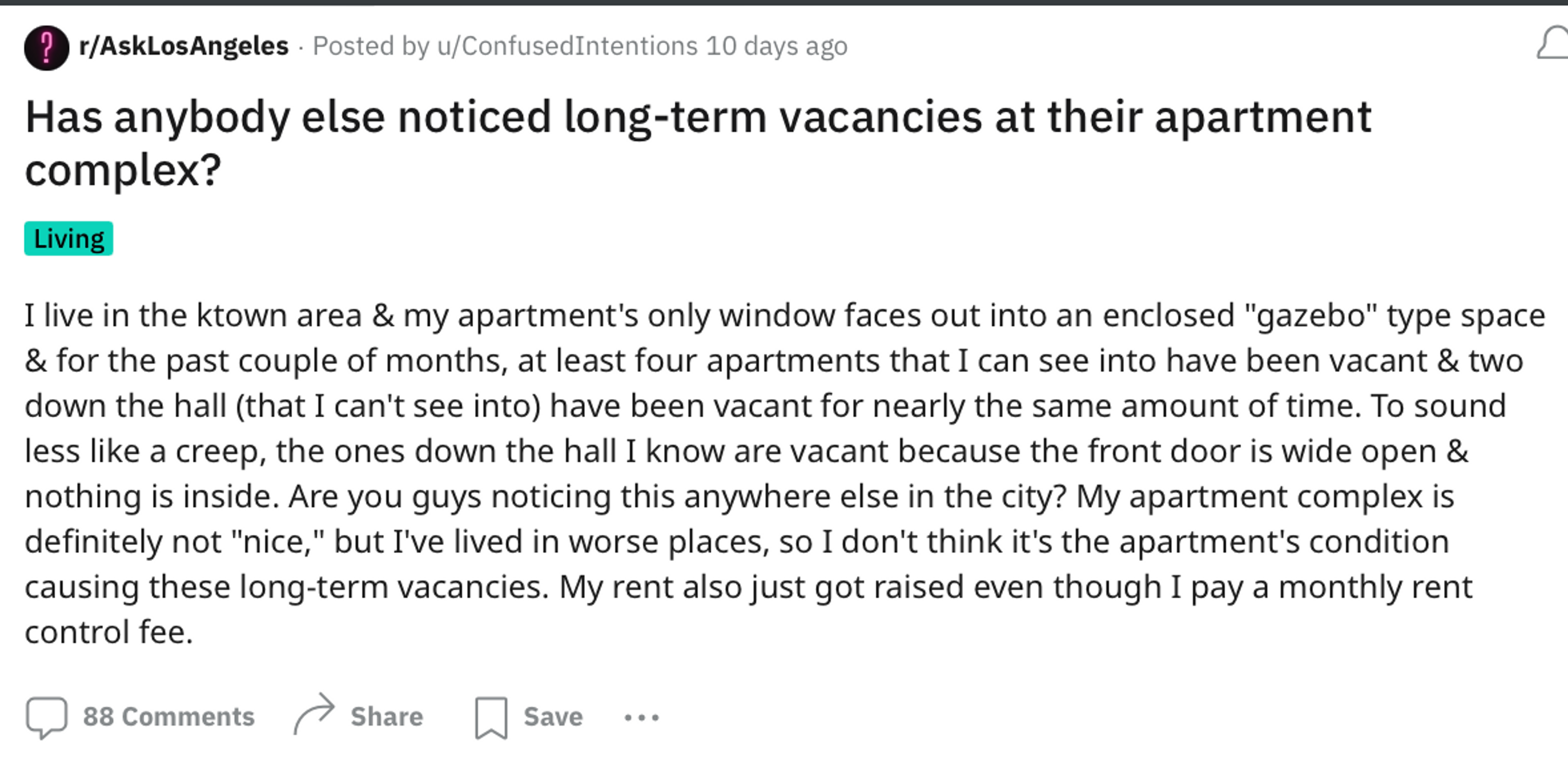 Screenshot of Reddit post on long-term vacancies around the city