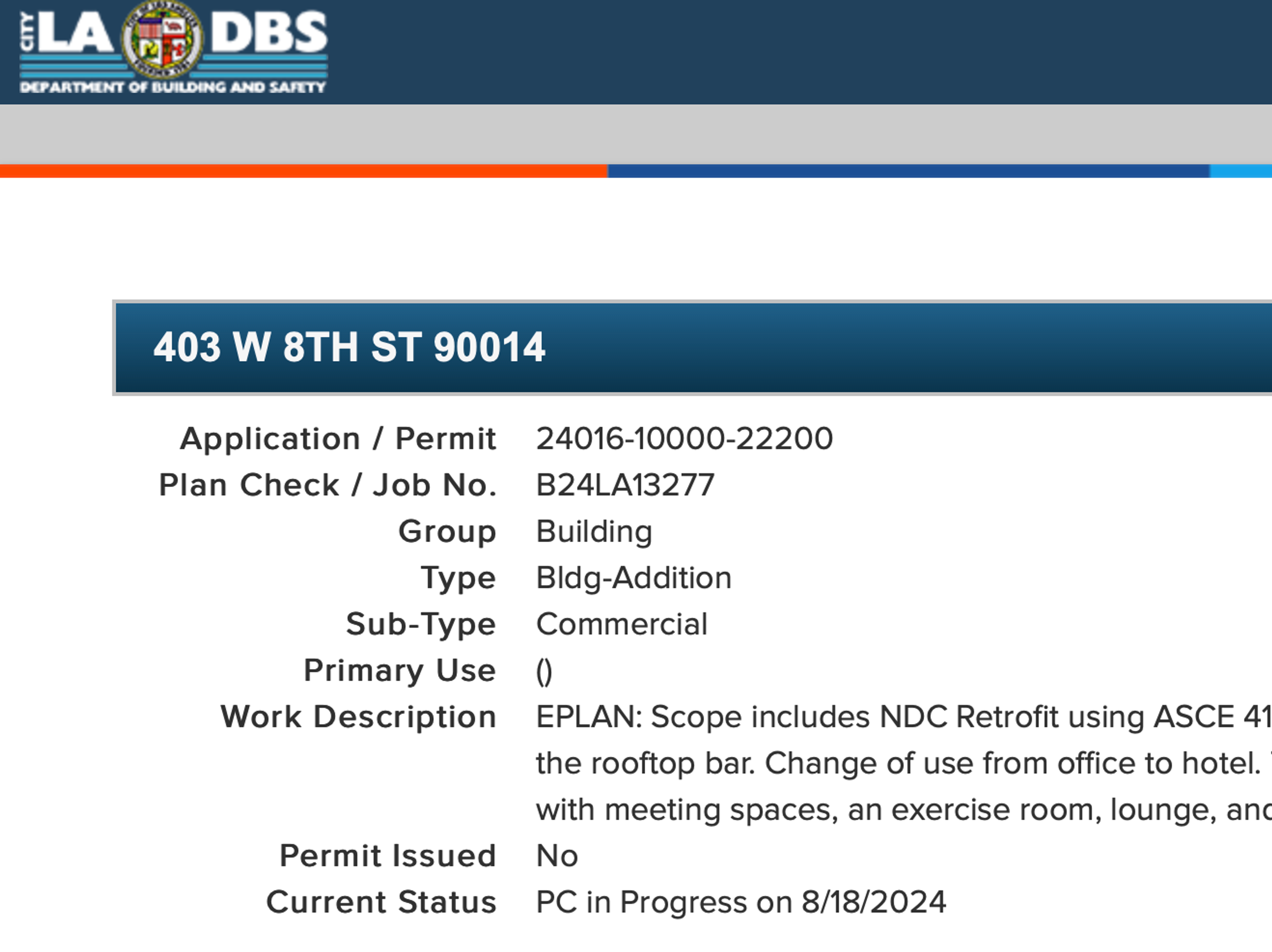 Screenshot of permit application for the Garfield Building to be retrofitted and converted into a hotel.