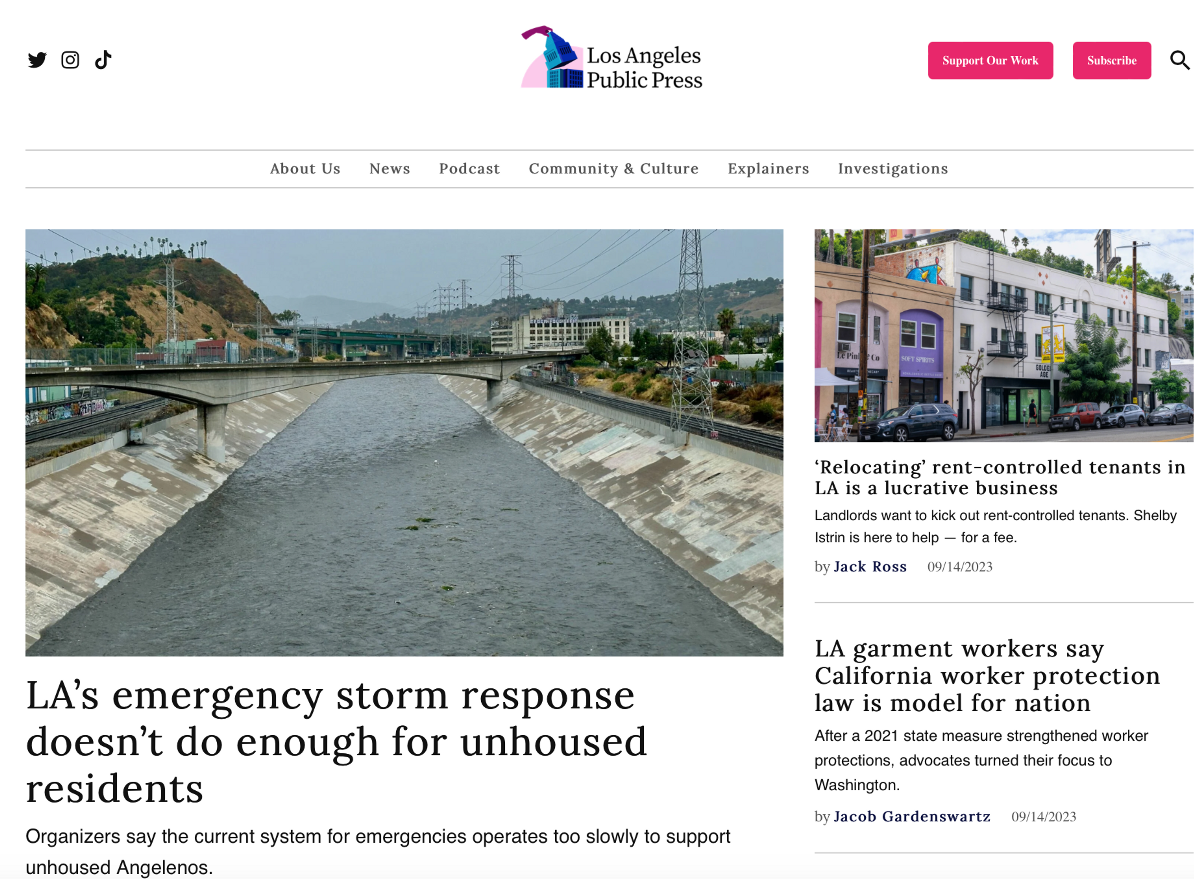 Screenshot of LA Public Press' main page, including a shocking exposé on "relocating" rent controlled tenants.