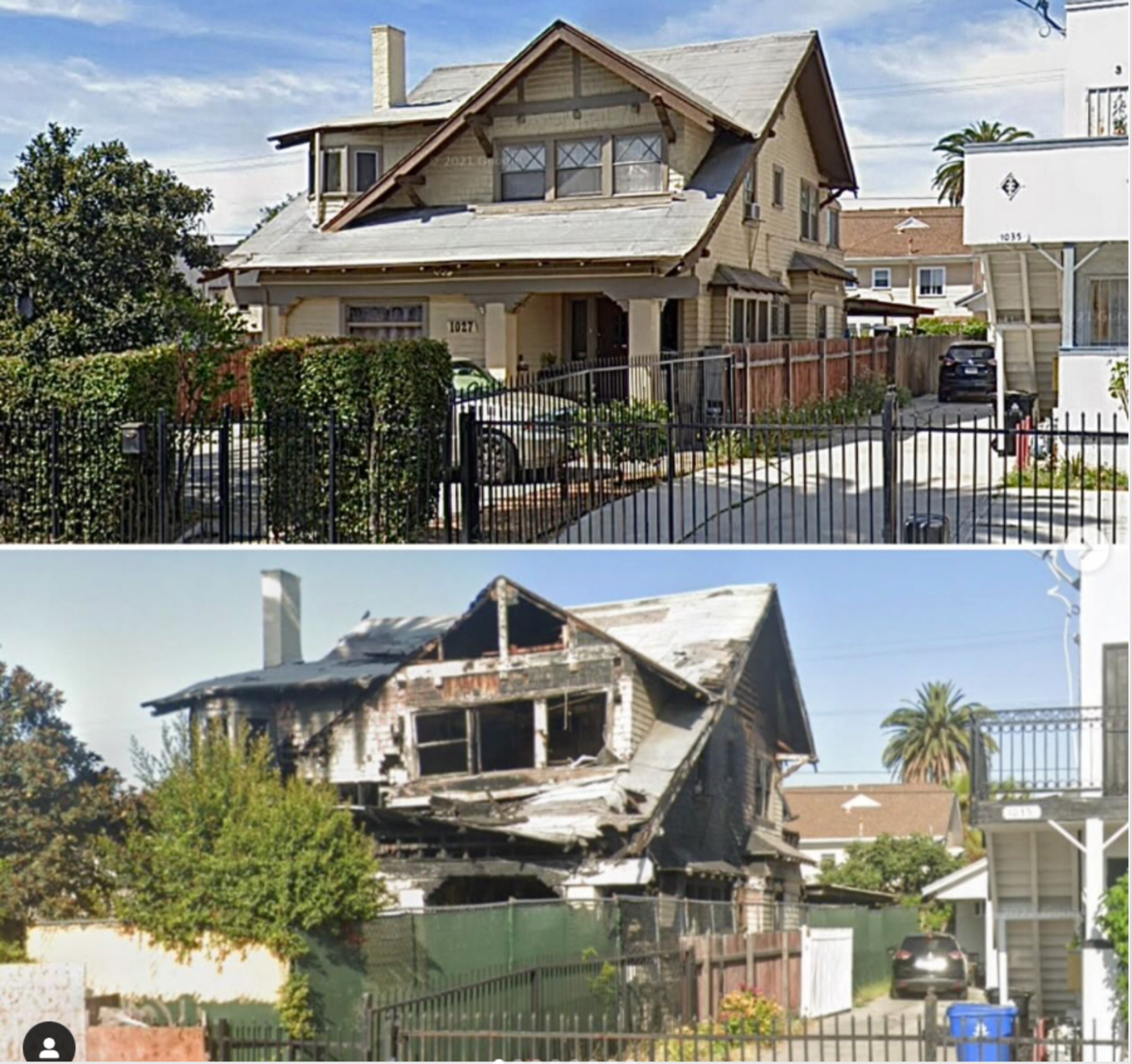 1027 N. Heliotrope Drive, a two-story Craftsman house, before and after a 2020 fire.