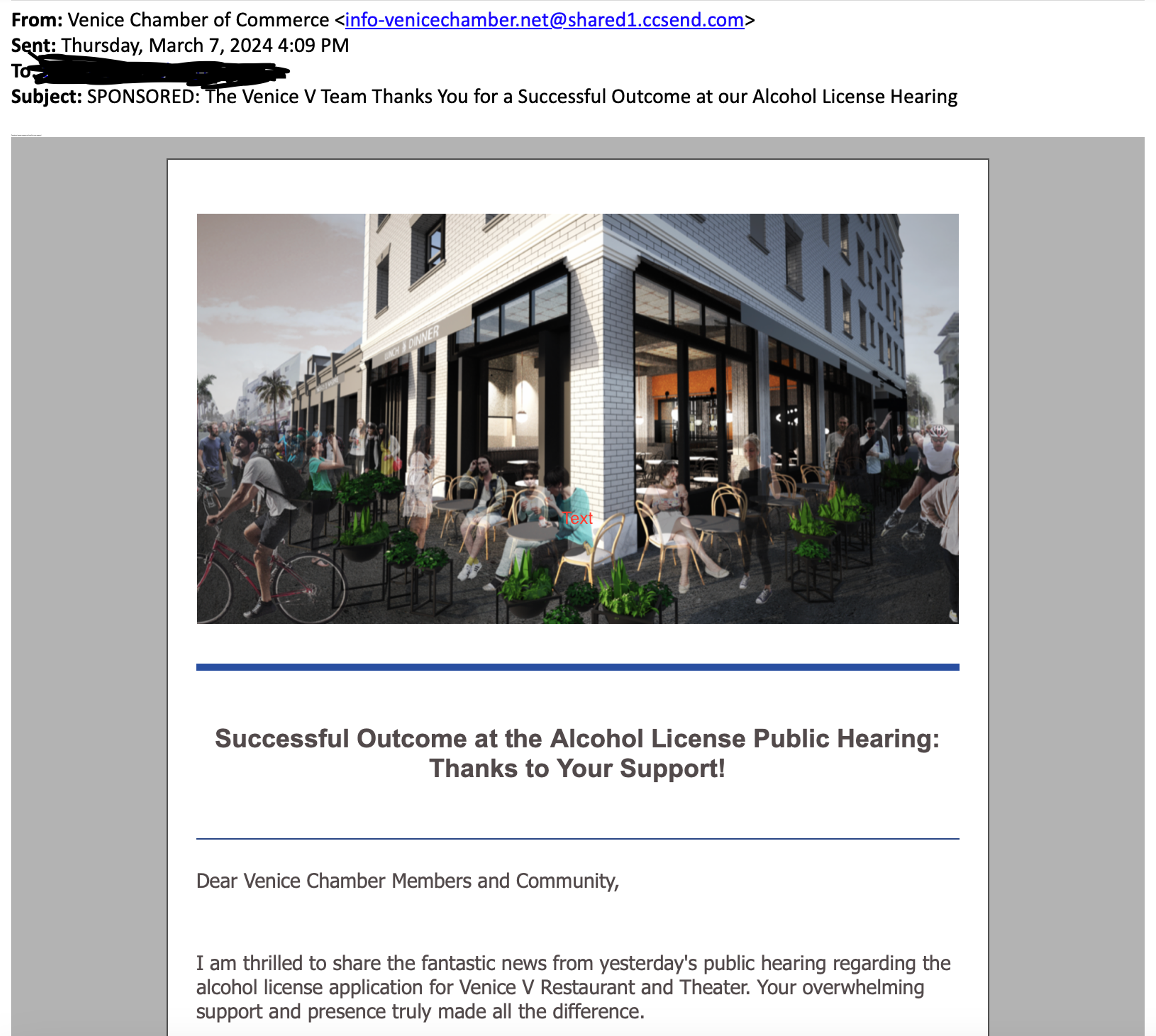 Revolting email from the Venice Chamber of Commerce, bragging about securing an alcohol license and Conditional Use Permit despite the Waldorf/Venice V being RSO housing