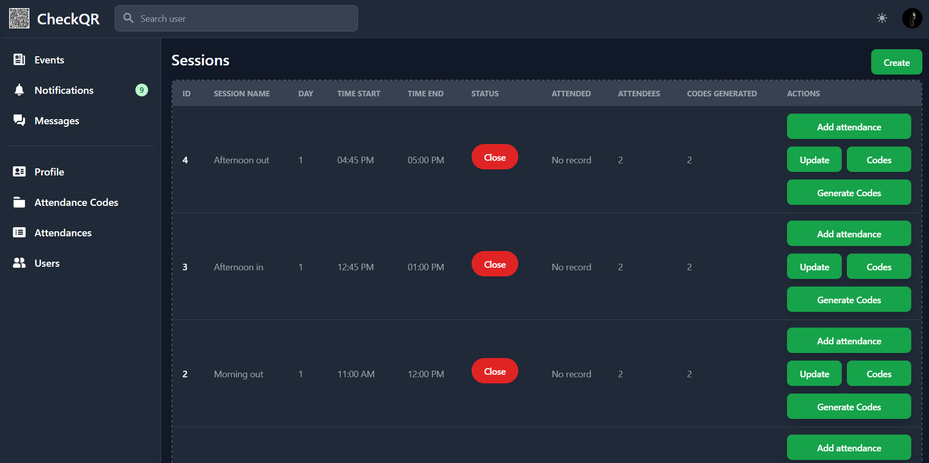 CheckQr web application session management dashboard displaying attendance codes and status controls