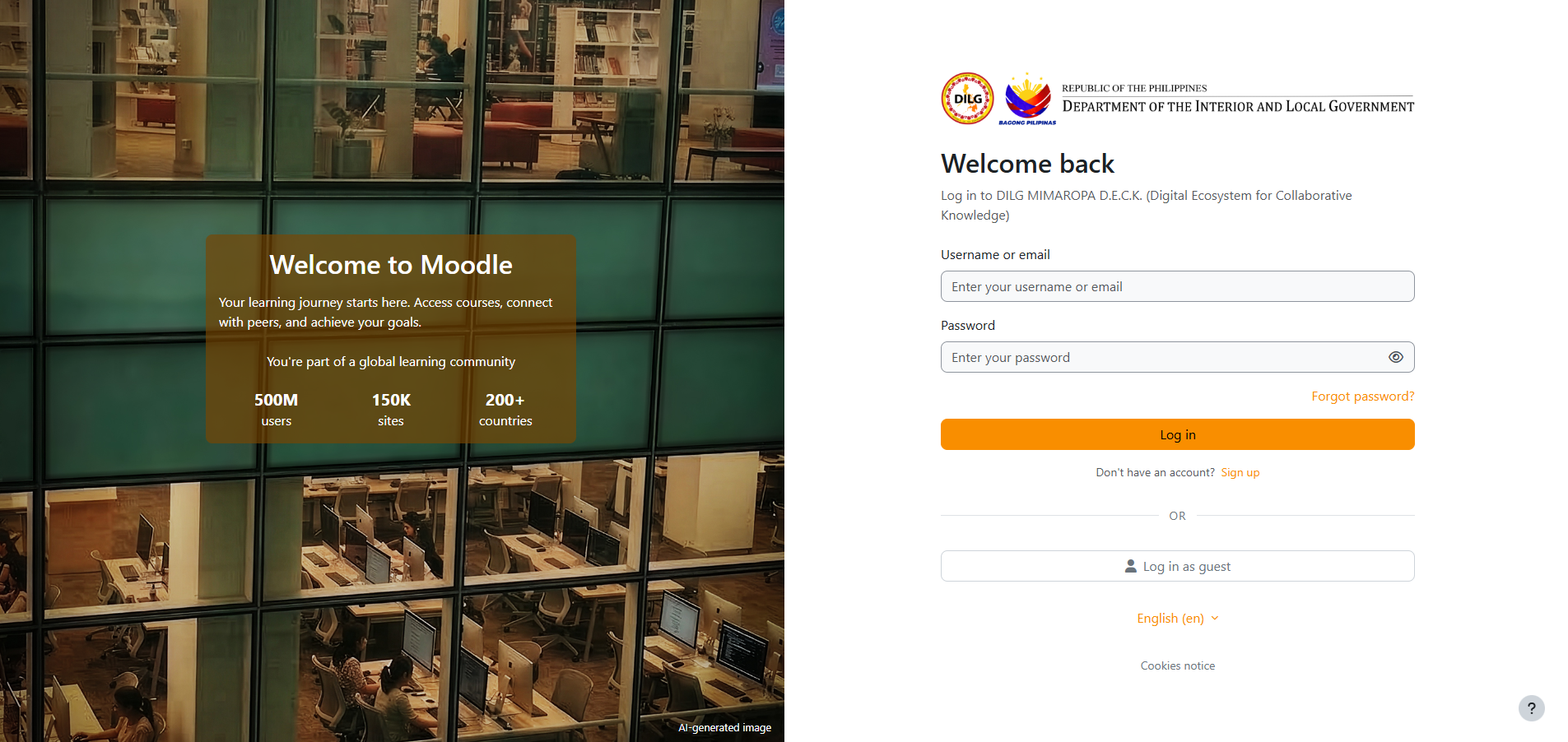 DILG MIMAROPA D.E.C.K. Moodle Cloud portal login interface featuring official DILG and Bagong Pilipinas branding
