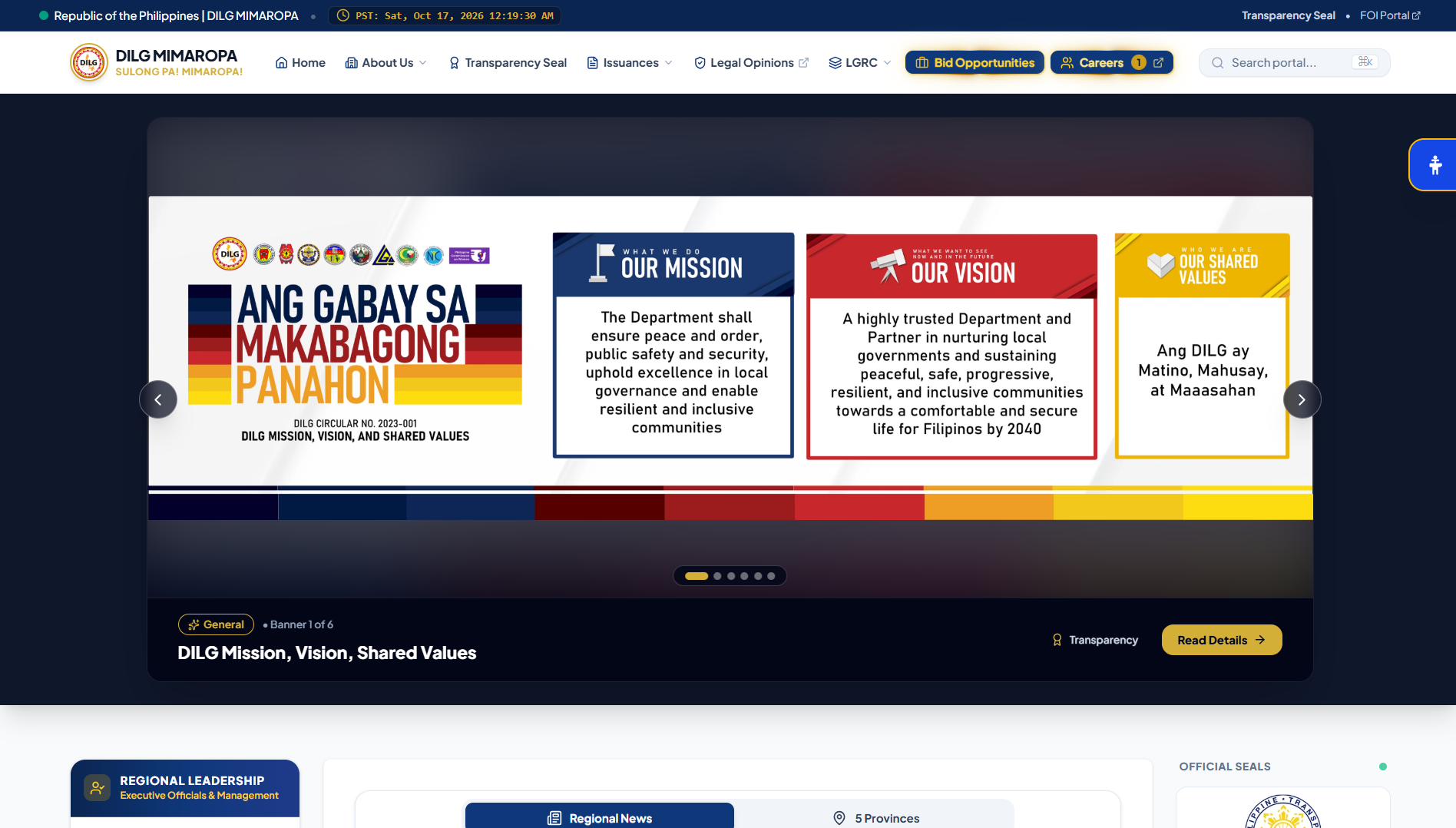 Redesigned DILG MIMAROPA Regional Portal featuring WCAG 2.1 AA accessibility tools, Philippine Standard Time integration, and modern regional governance navigation.