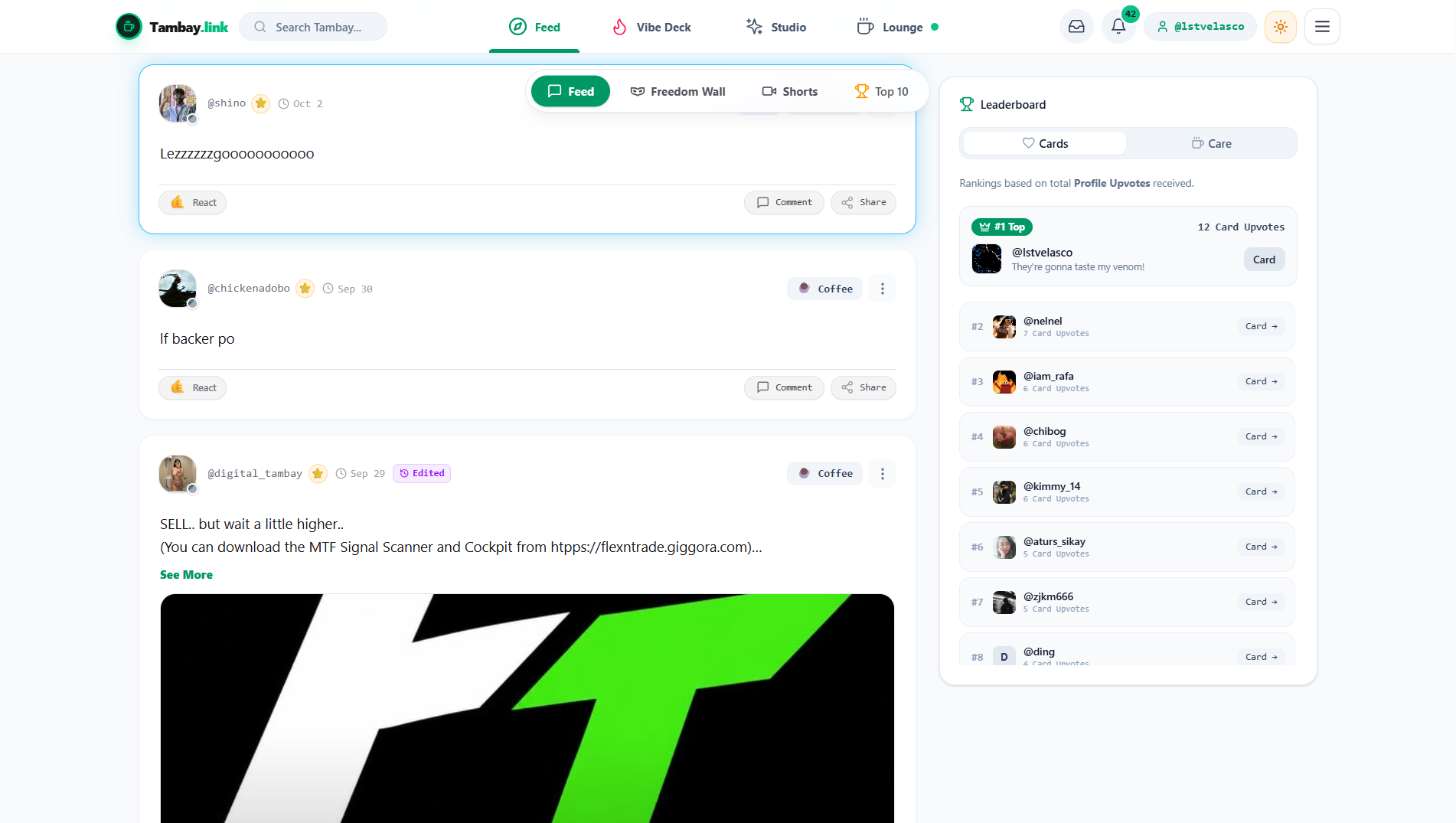 Tambay.link digital profile card platform interface showing customizable Vibe Cards, Spotify integration, and LiveKit voice hangout space.