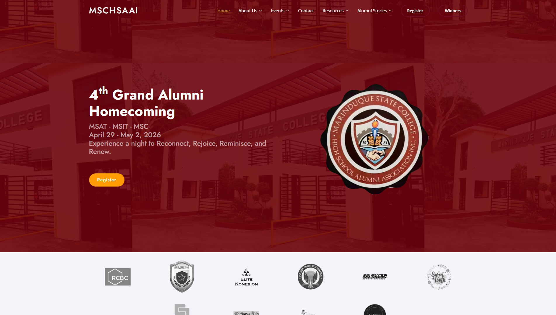 Marinduque State College High School Alumni Association Inc. website hero banner featuring the 2nd Grand Alumni Homecoming celebration