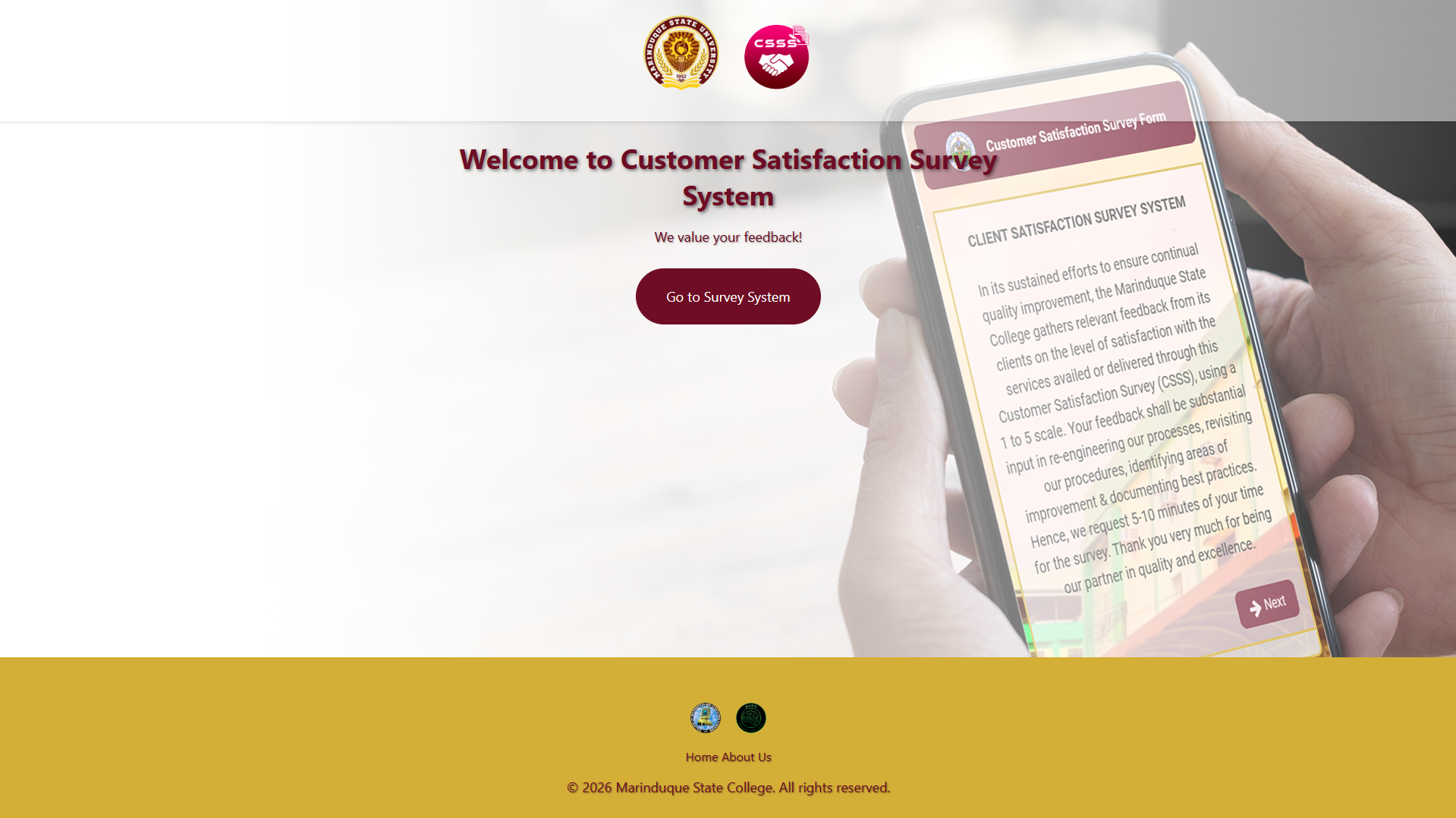Customer Satisfaction Survey System landing page and mobile interface preview for Marinduque State University