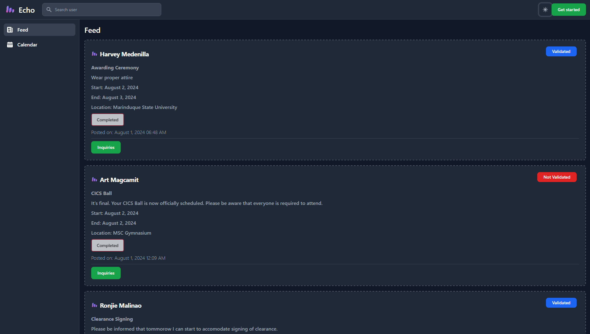 Echo Announcement Web Application dark mode dashboard displaying feed, calendar, and announcement status cards