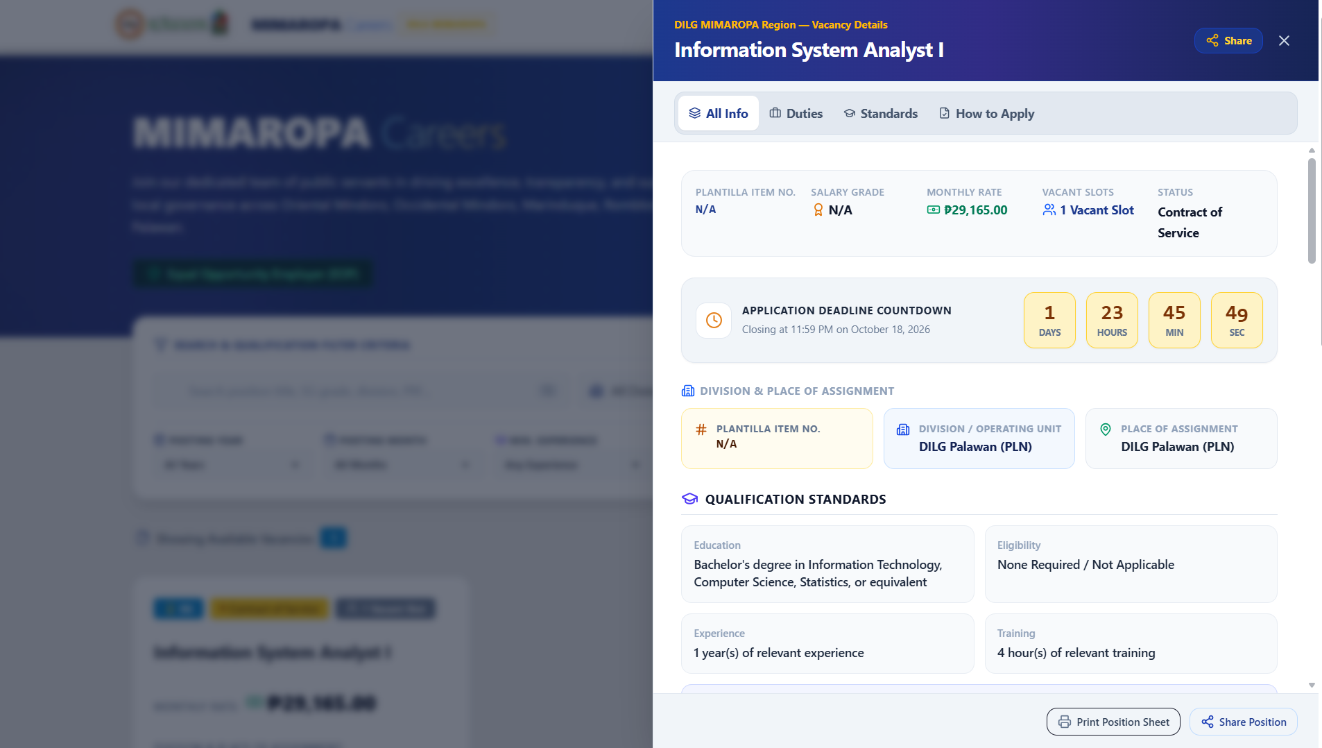 DILG MIMAROPA Careers Portal Interface displaying vacancy listings, qualification search filters, and real-time application countdown.