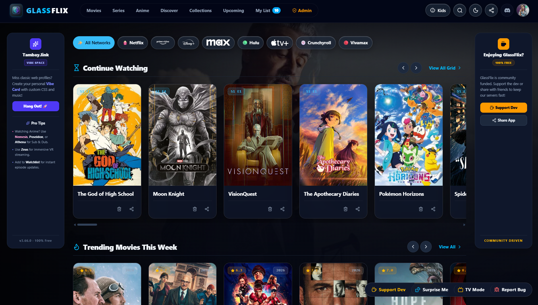 Glassflix Web Streaming Platform Interface displaying Continue Watching carousel, streaming network tags, and glassmorphism UI.