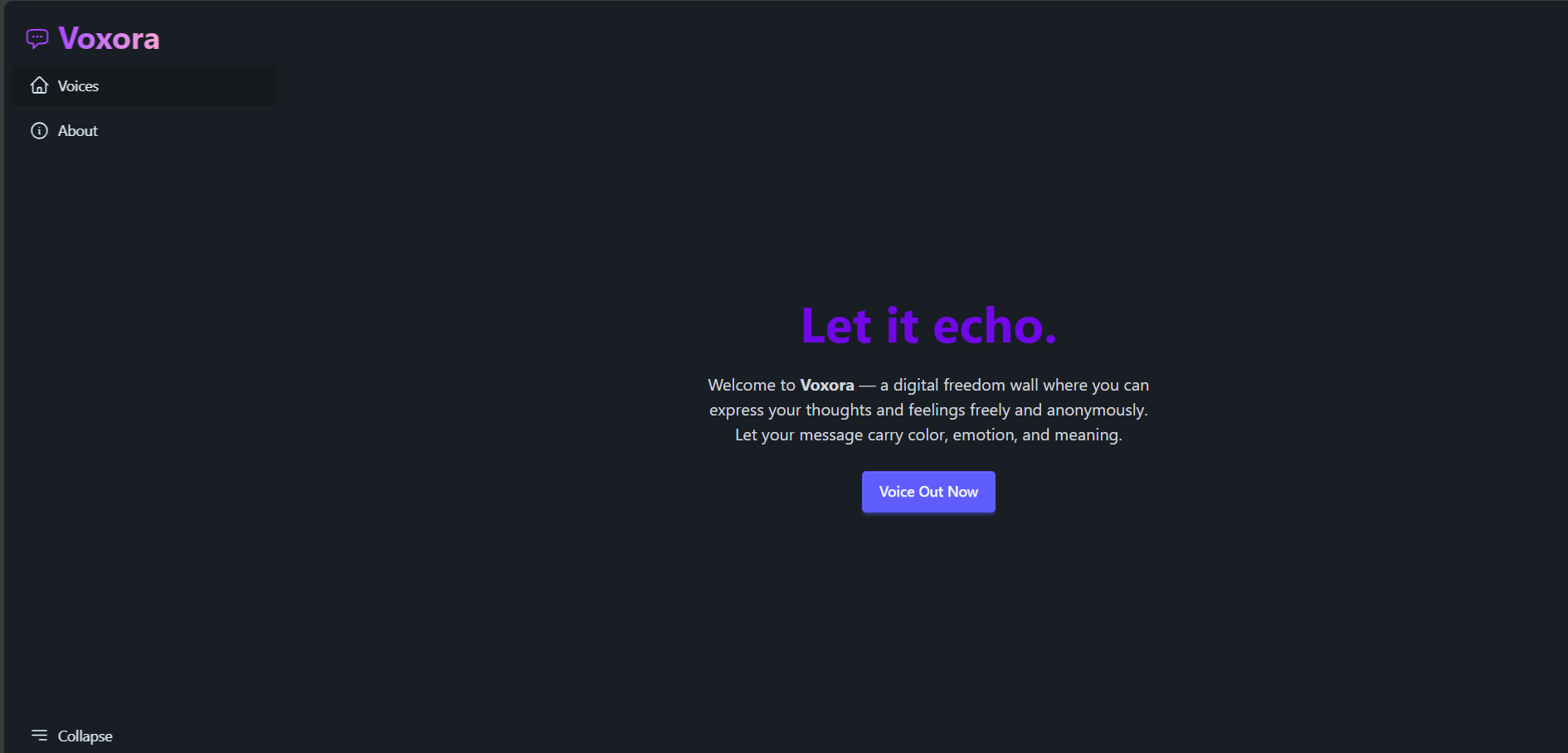 Voxora web application landing page featuring dark mode UI and digital freedom wall header