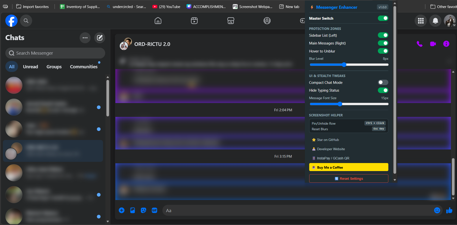 Privacy-focused browser extension engineered to safeguard sensitive messages and media on Facebook Messenger Web, featuring auto-blur, peek-on-hover, and anti-shoulder-surfing tools for secure usage in public environments.