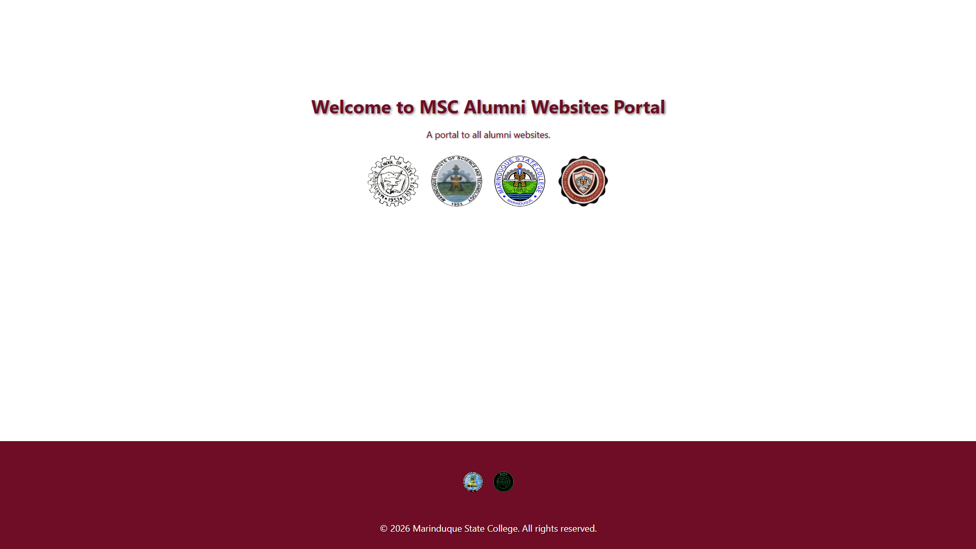 Marinduque State College Alumni Portal landing page featuring college seals and navigation links