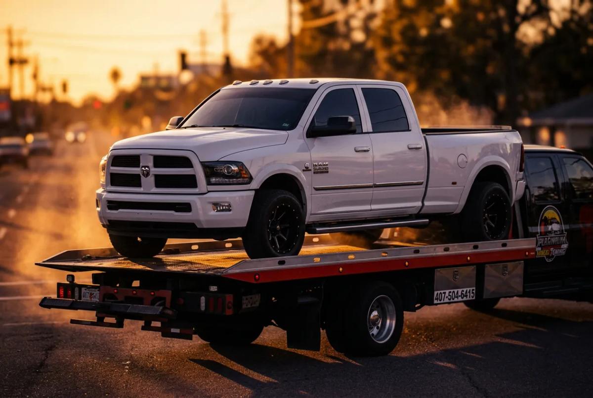 White Ram pickup loaded on flatbed at golden hour