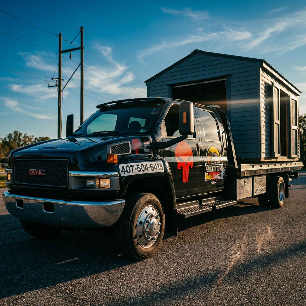 Black GMC Platinium Wheel flatbed truck loading a shed