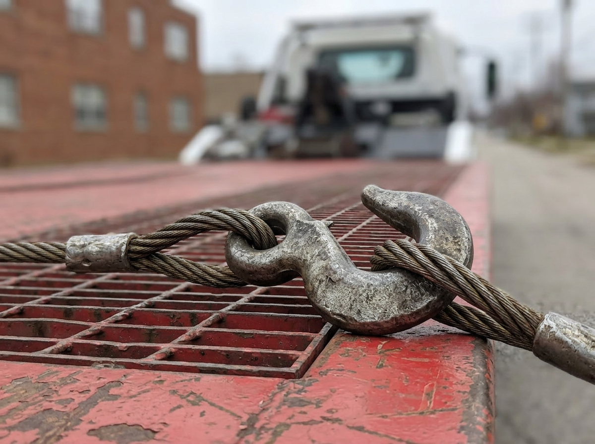 Close-up of tow hook and winch cable